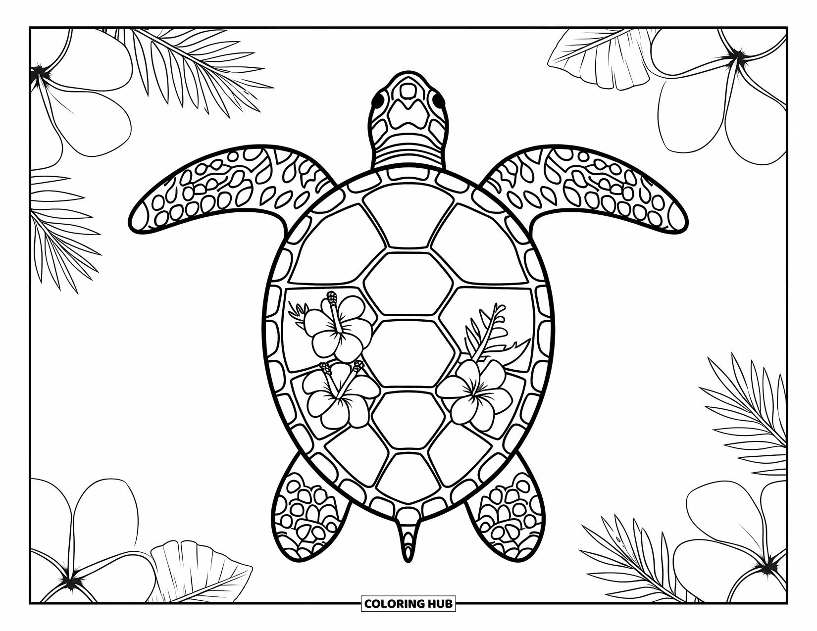 Hawaii Coloring Page for Adults: A sea turtle with floral shell patterns rests among tropical flower rings