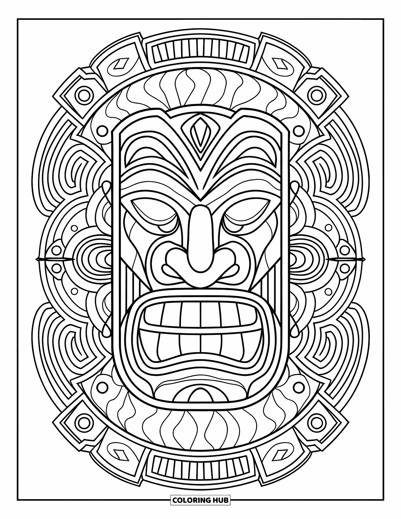 Hawaii Coloring Page for Adults: A tiki mask sits at the center of tribal patterns with bold, curved lines