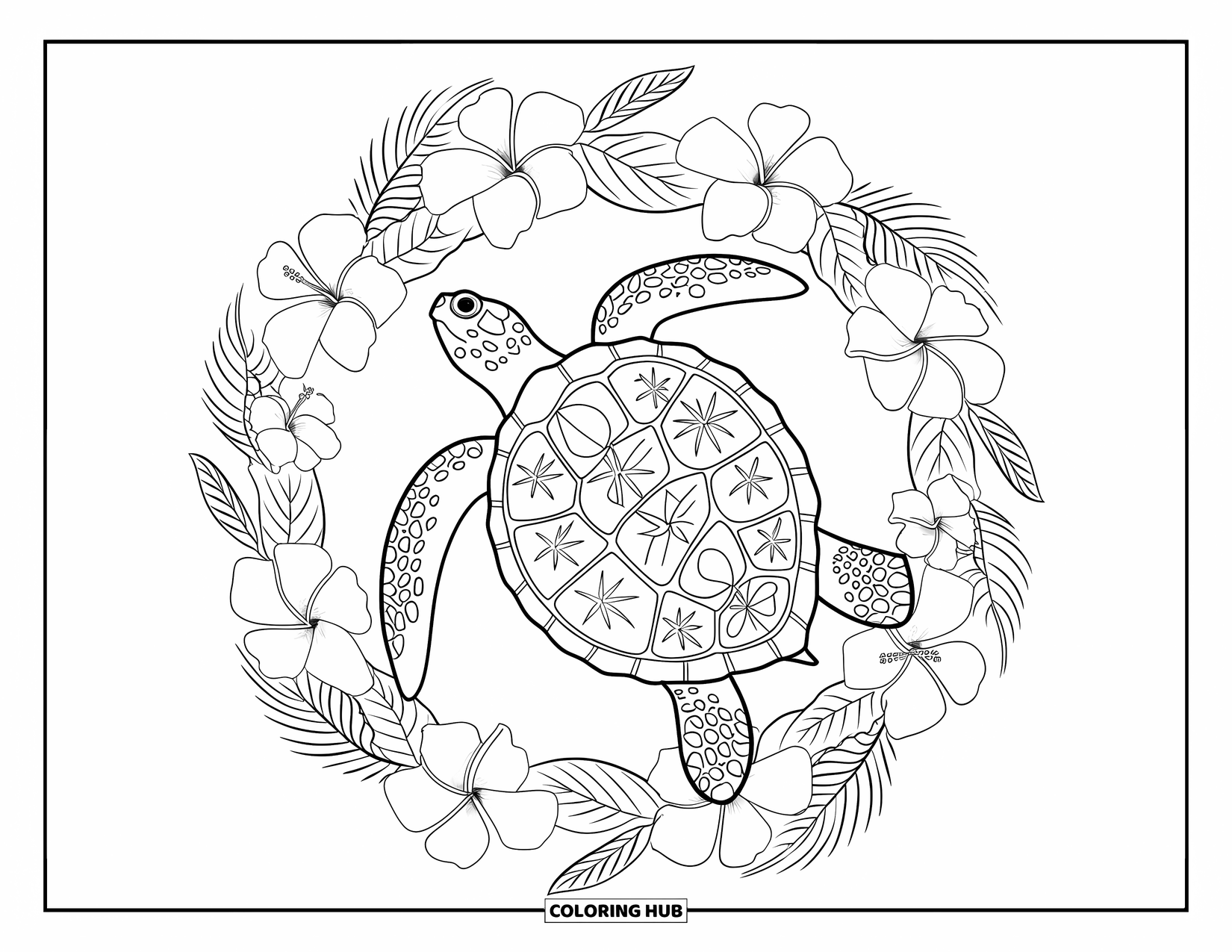 Hawaii Coloring Page for Adults: A turtle with flower-patterned shell is framed by concentric rings of island blooms