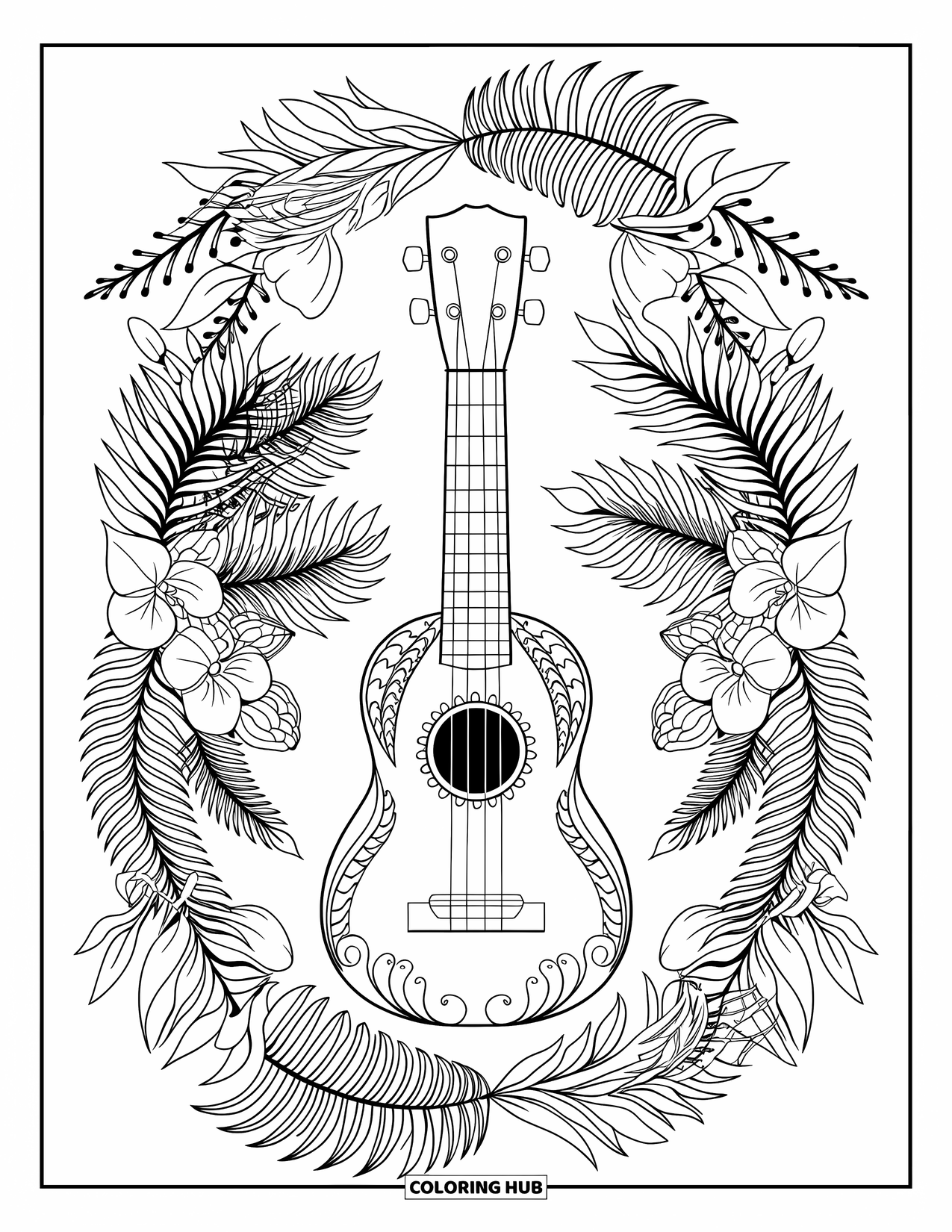 Hawaii Coloring Page for Adults: A ukulele sits in the middle of swirling fern and orchid mandala rings