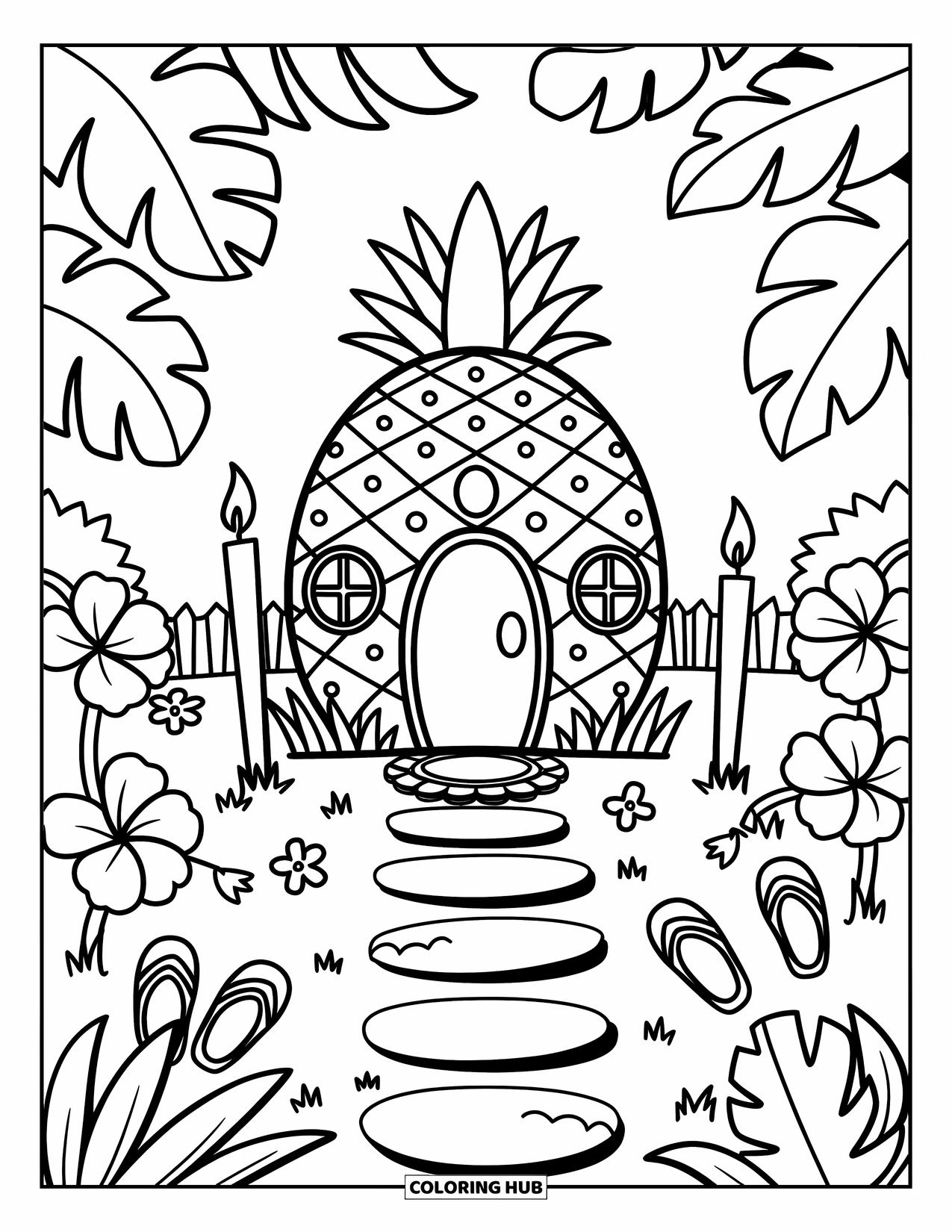 Hawaii Coloring Page for Adults: Flip-flops rest near a pineapple house surrounded by flowers and tiki torches