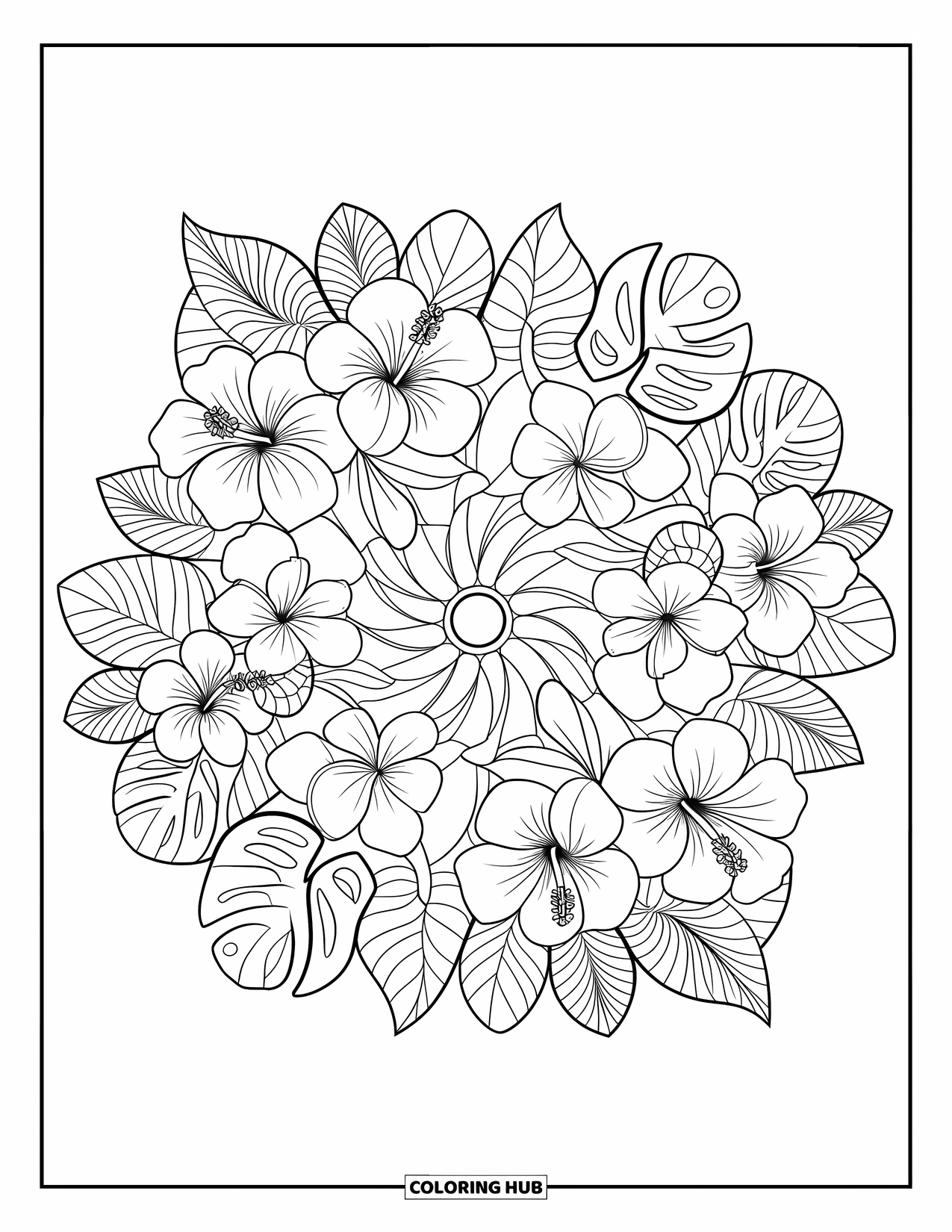 Hawaii Coloring Page for Adults: Island flowers and leaves create a detailed circular mandala pattern