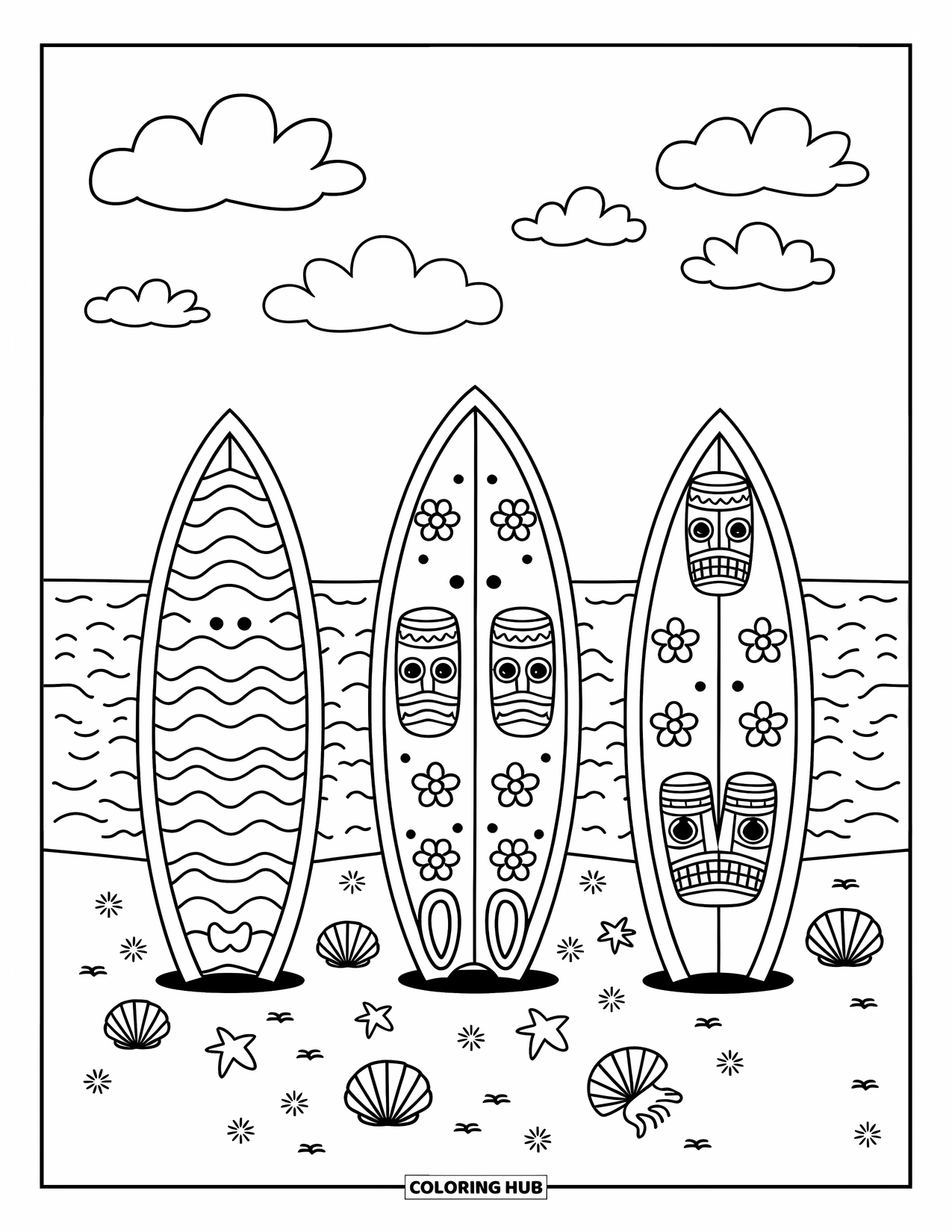 Hawaii Coloring Page for Adults: Surfboards with fun designs rest on the beach near a tiny sailboat and flower clouds