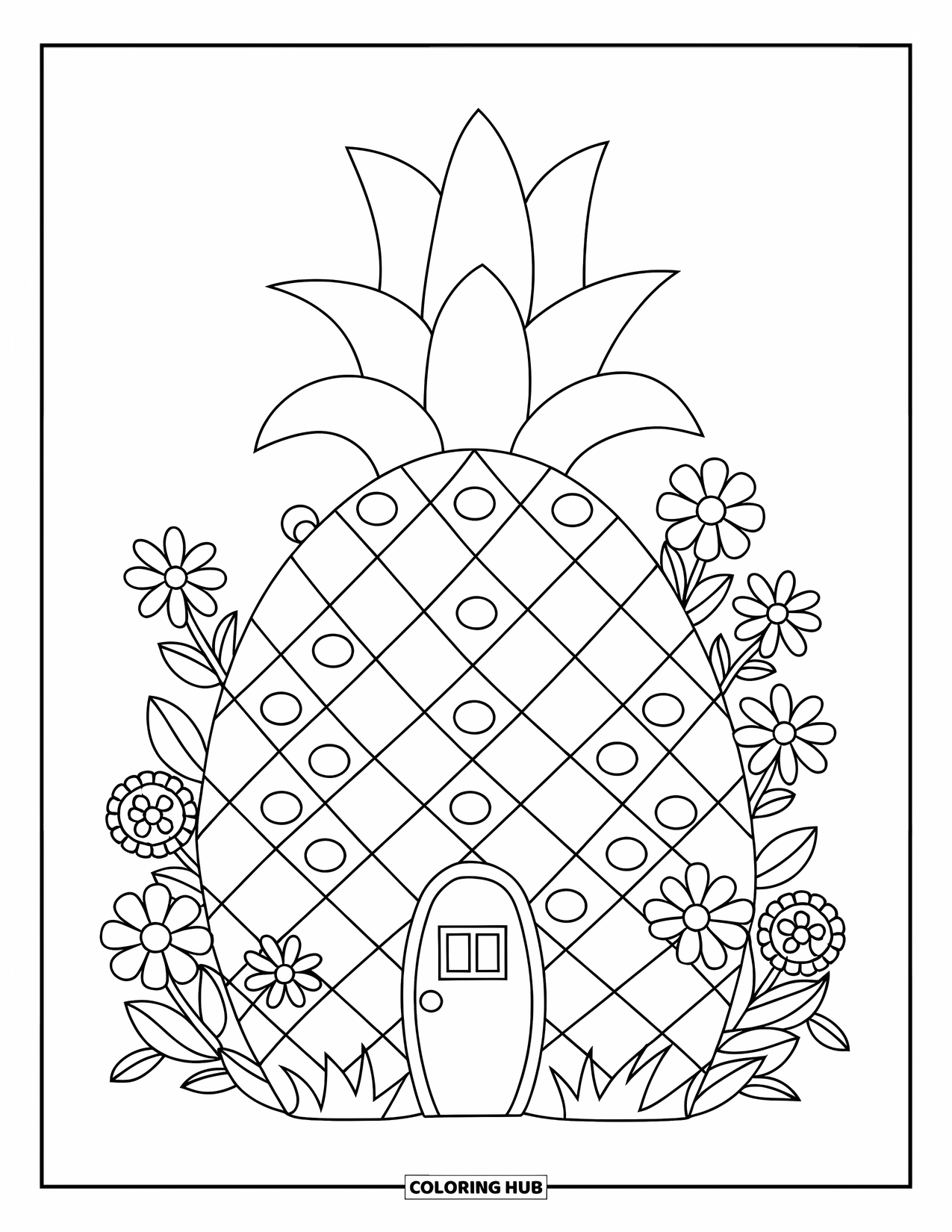 Hawaii Coloring Page for Kids: A cozy pineapple house sits in a cheerful flower garden with a tiny door