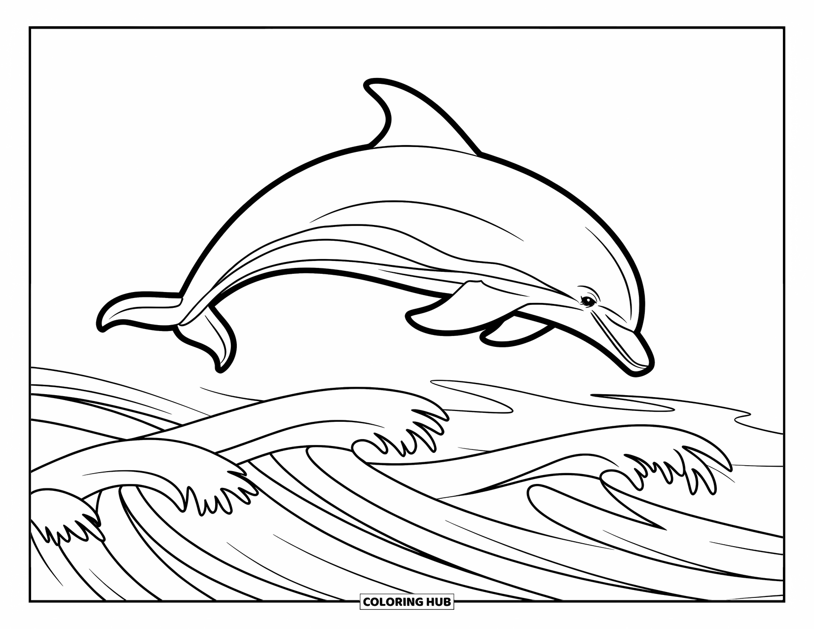 Hawaii Coloring Page for Kids: A dolphin arches through the air above soft ocean waves