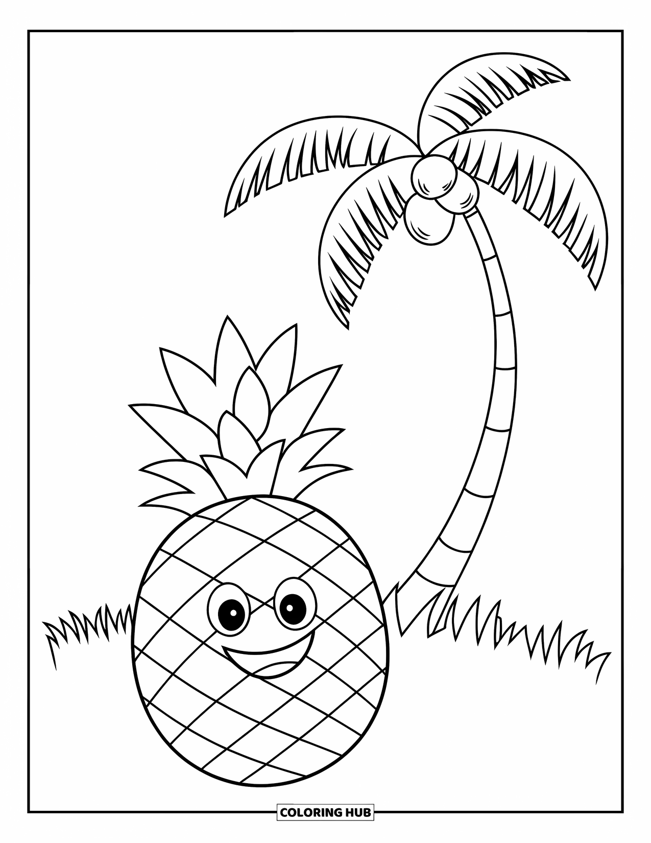 Hawaii Coloring Page for Kids: A happy pineapple sits under a coconut tree in a quiet green field
