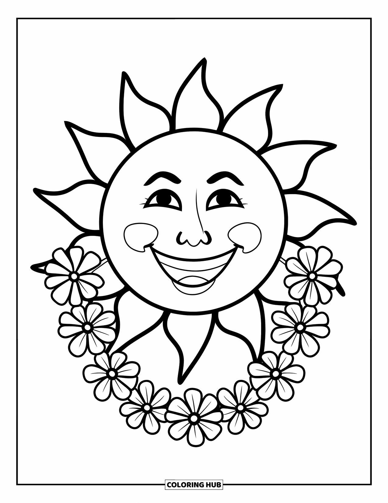Hawaii Coloring Page for Kids: A happy sun with a flower lei beams with a wide grin on a blank background