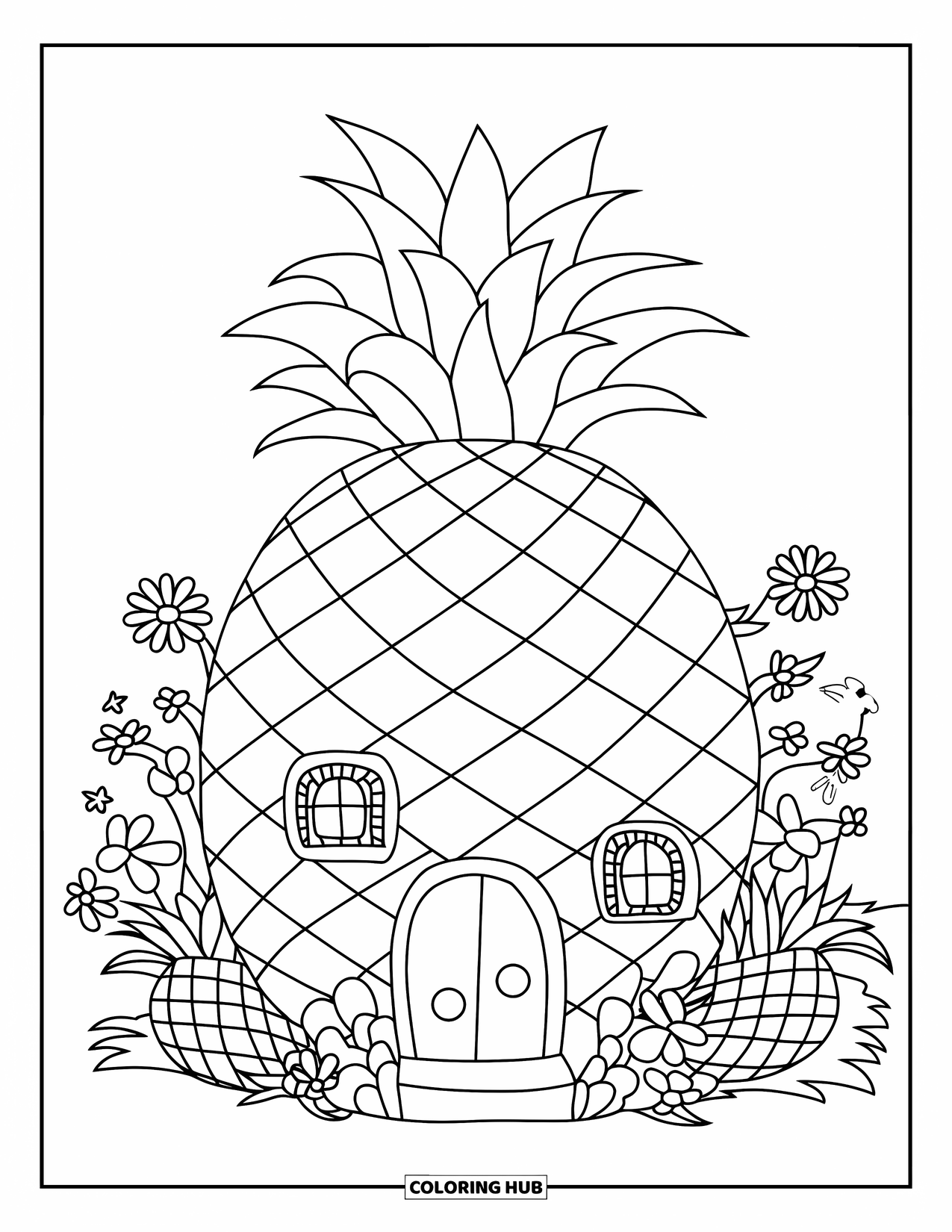 Hawaii Coloring Page for Kids: A pineapple-shaped house sits in a flower garden full of tropical blooms