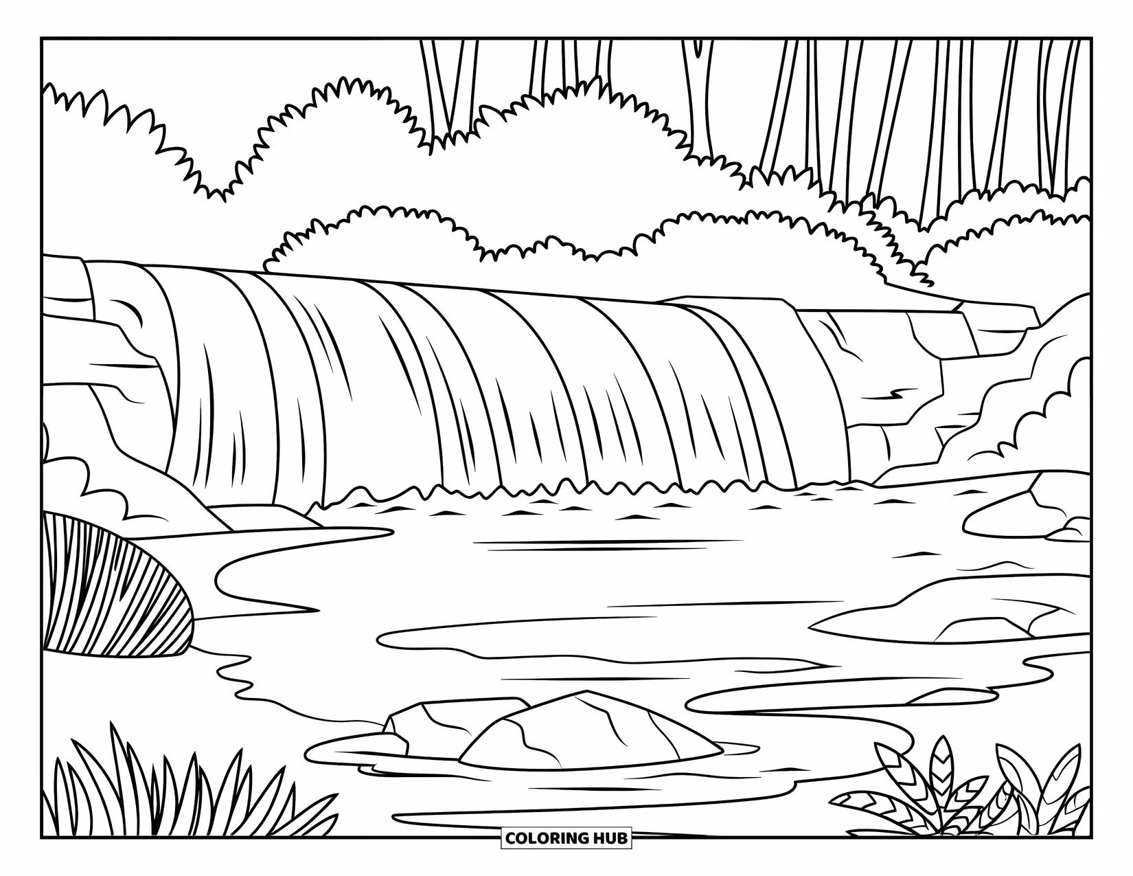 Hawaii Coloring Page for Kids: A rocky waterfall meets a sandy lagoon surrounded by plants and tall trees