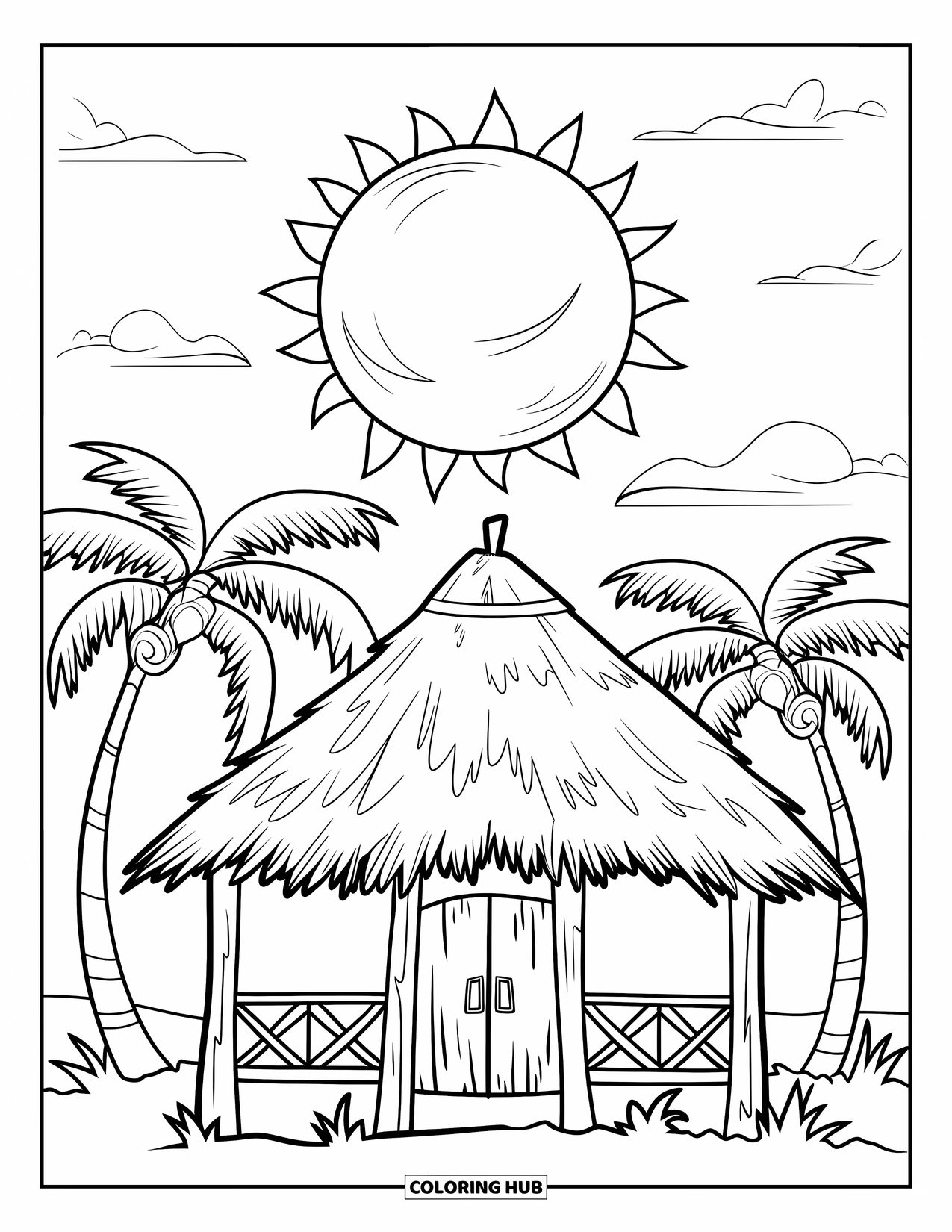 Hawaii Coloring Page for Kids: A tiki hut stands beneath a round sun with palm trees all around