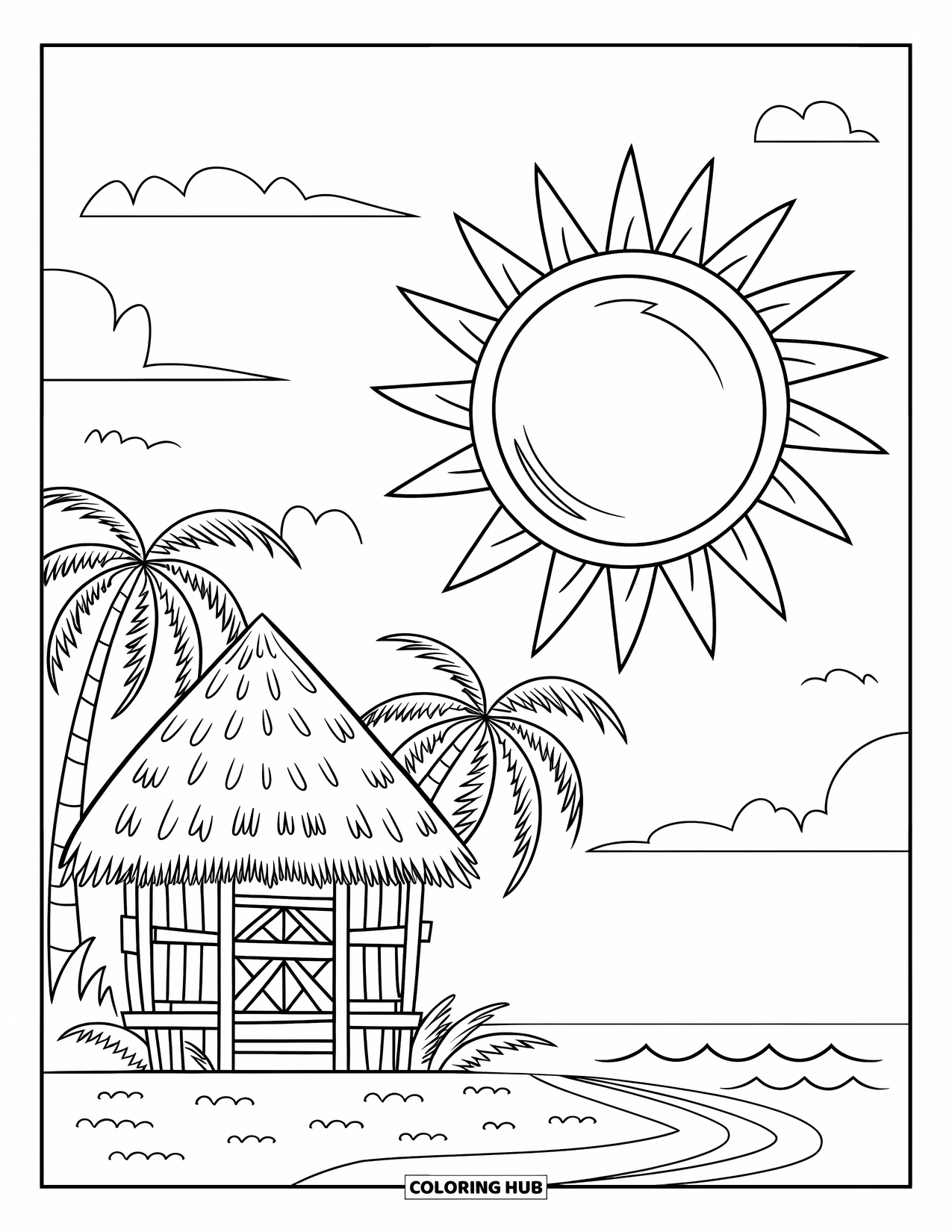 Hawaii Coloring Page for Kids: A tiki hut with a thatched roof sits beside the ocean and sunny sky