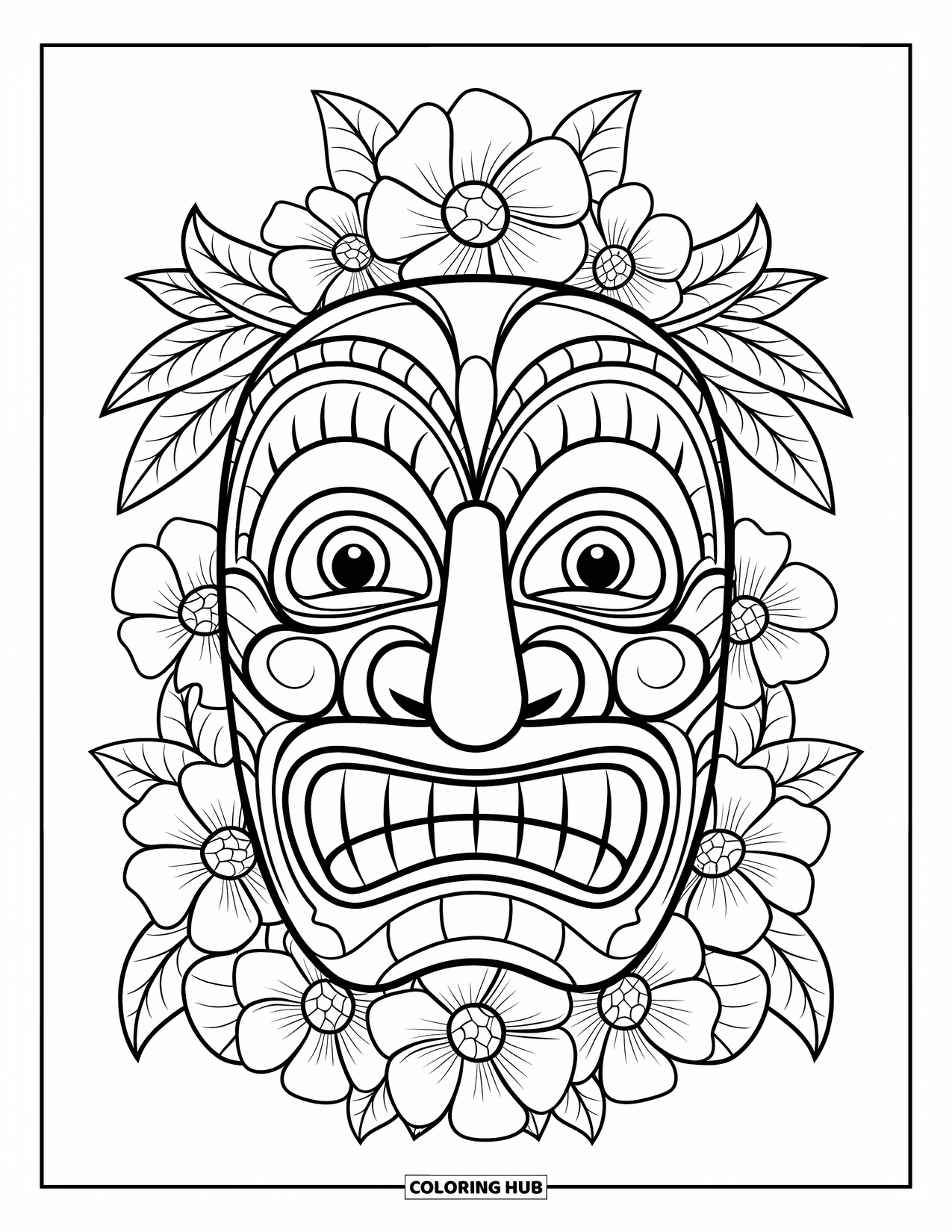 Hawaii Coloring Page for Kids: A tiki mask with big eyes and nose is framed by tropical flowers