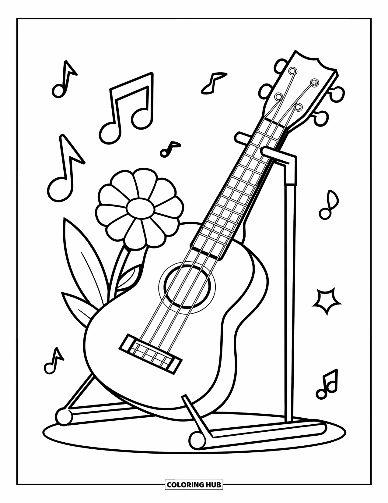 Hawaii Coloring Page for Kids: A ukulele with a flower and notes brings cheerful vibes to the scene