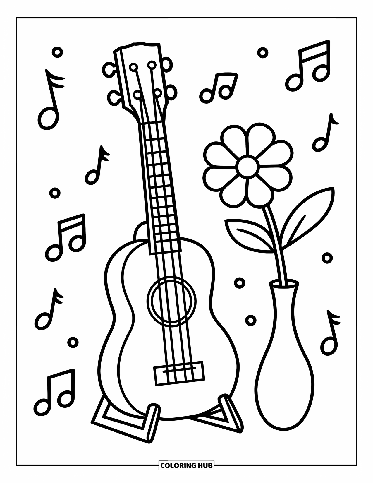 Hawaii Coloring Page for Kids: A ukulele with a nearby vase and floating notes rests gently on a stand