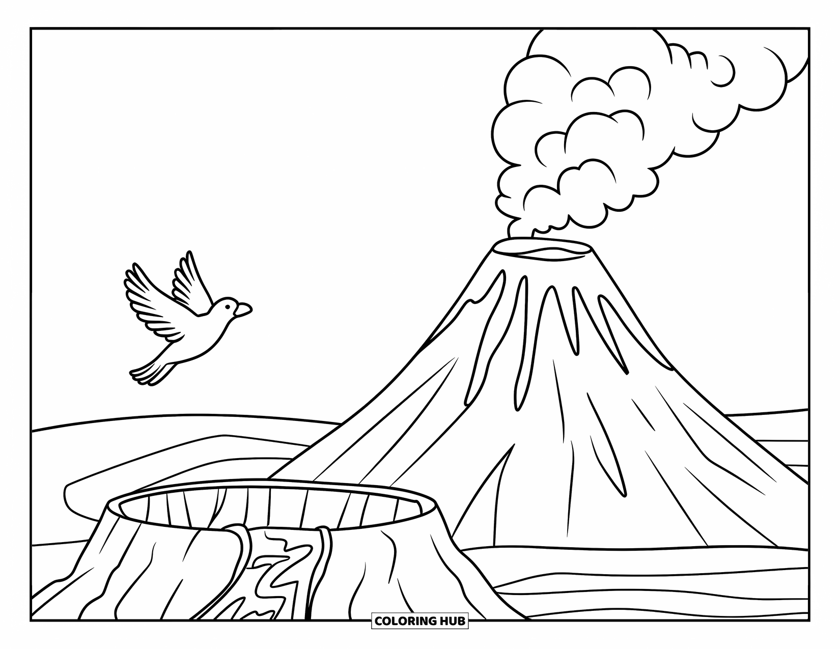Hawaii Coloring Page for Kids: A volcano puffs smoke into the sky while a bird soars nearby