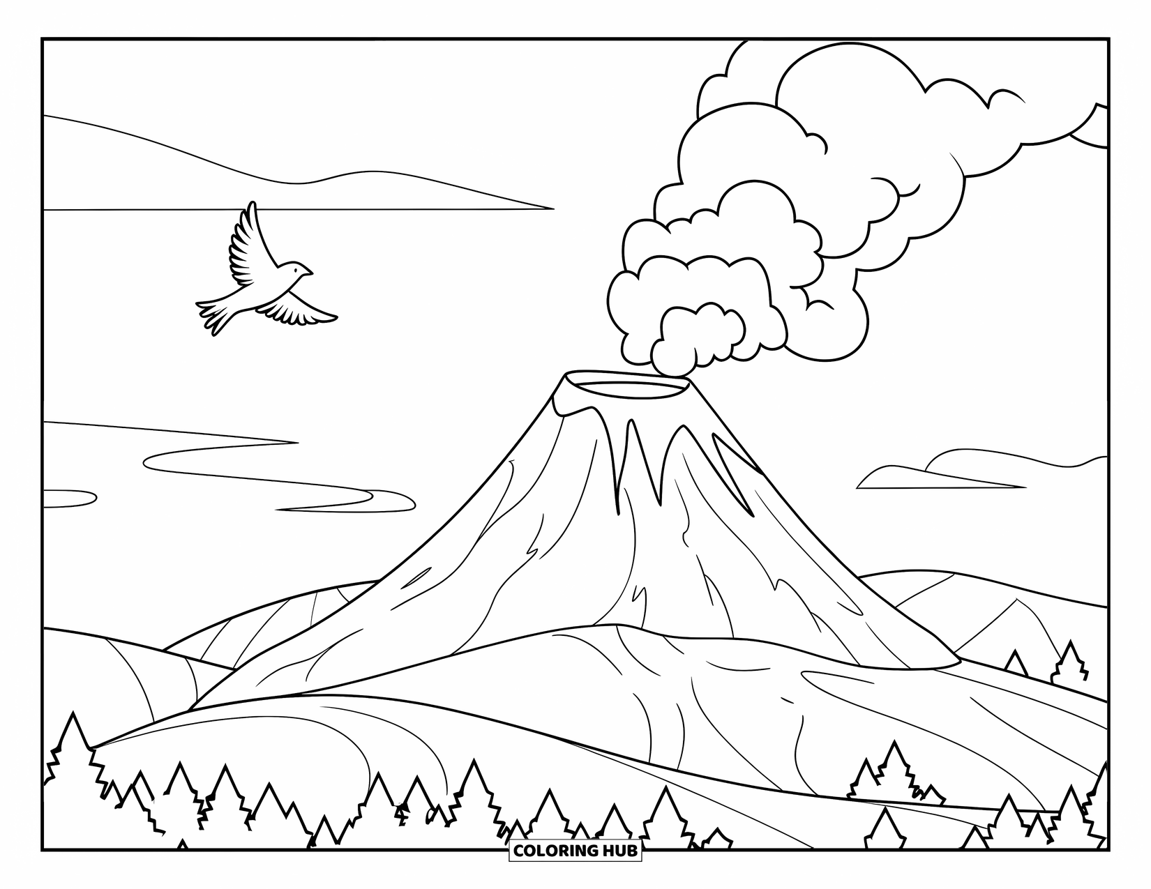 Hawaii Coloring Page for Kids: A volcano surrounded by greenery sends smoke upward as a bird flies past