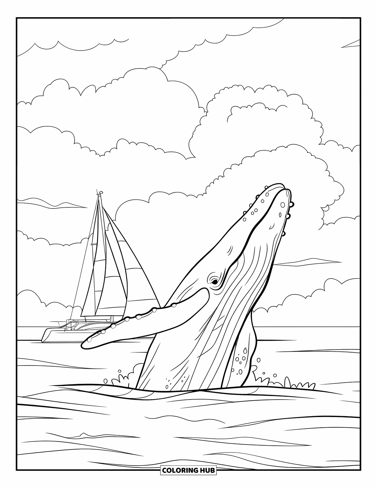 Hawaii Coloring Page for Kids: A whale and sailboat share the sea beneath a vast, cloudy sky