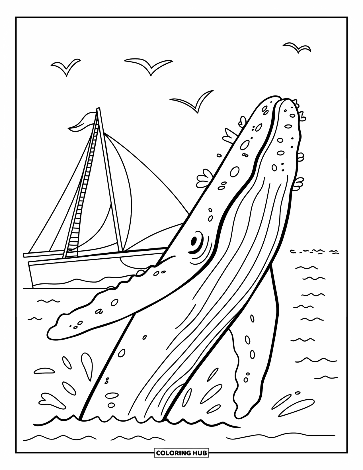 Hawaii Coloring Page for Kids: A whale breaches beside a boat with ropes, waves, and flying seagulls