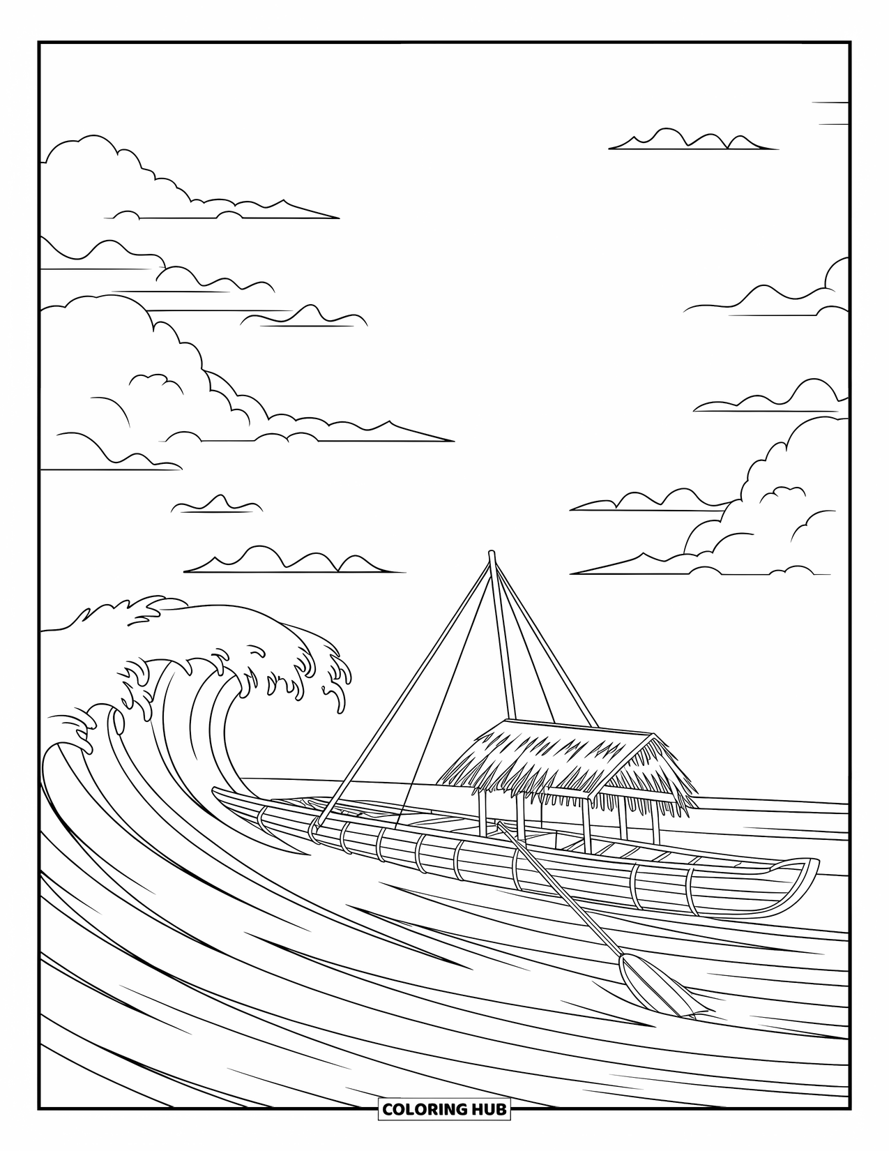 Hawaii Coloring Page for Kids: A wooden canoe with a thatched roof rocks gently on foamy waves