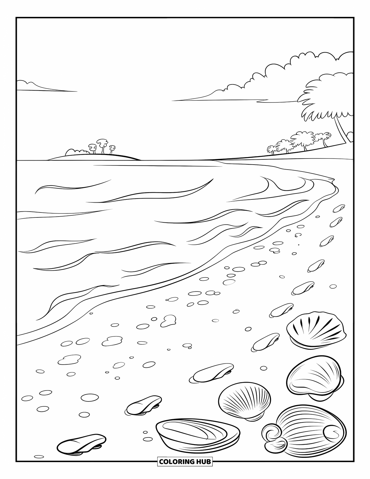 Hawaii Coloring Page for Kids: Footprints lead to gentle waves on a beach with scattered seashells and a faraway island