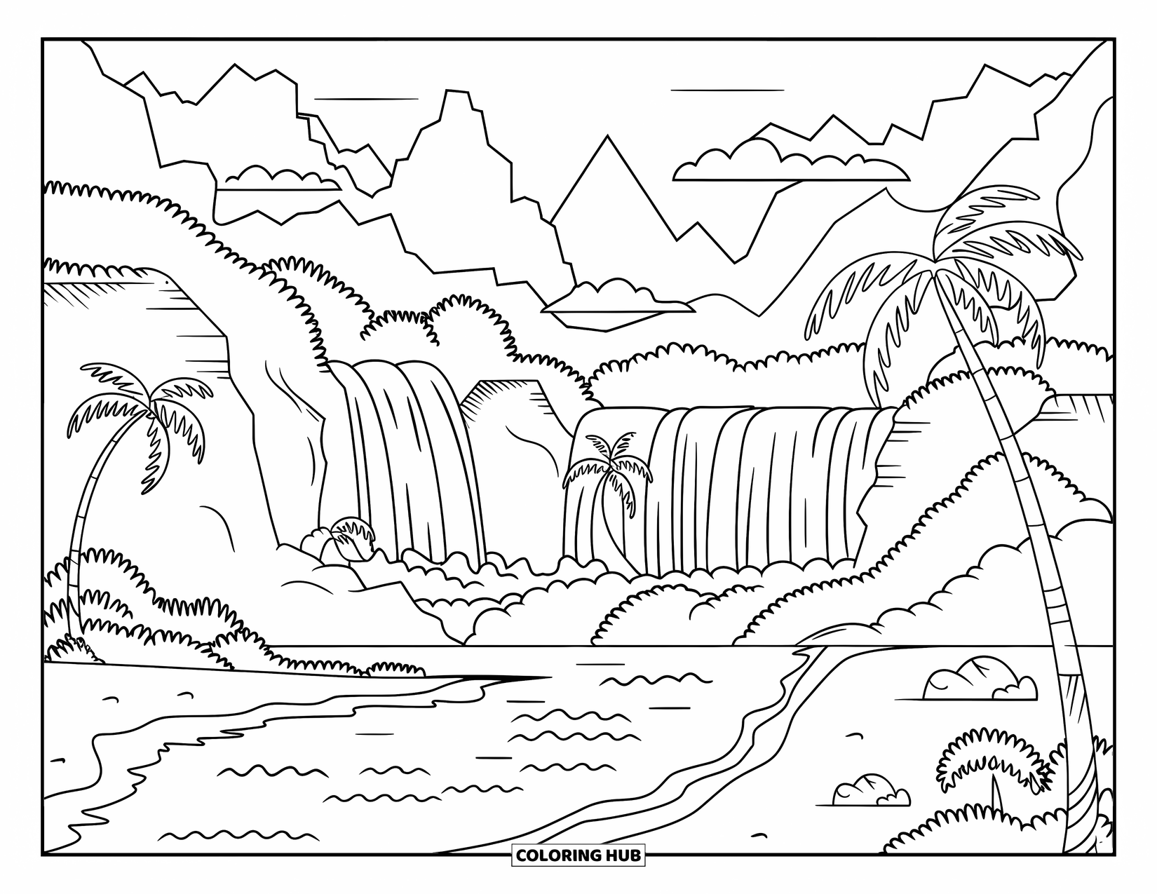 Hawaii Coloring Page for Kids: Palm trees, waterfalls, and mountains meet ocean waves in a peaceful Hawaiian setting