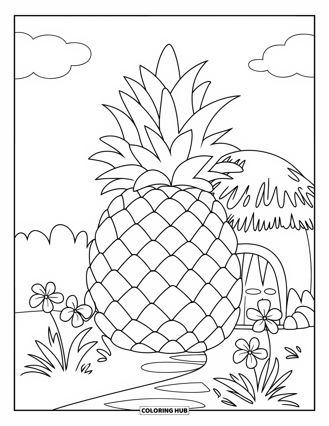 Hawaii Coloring Page for Kids: Tropical flowers bloom around a pineapple house beneath a sky with soft clouds