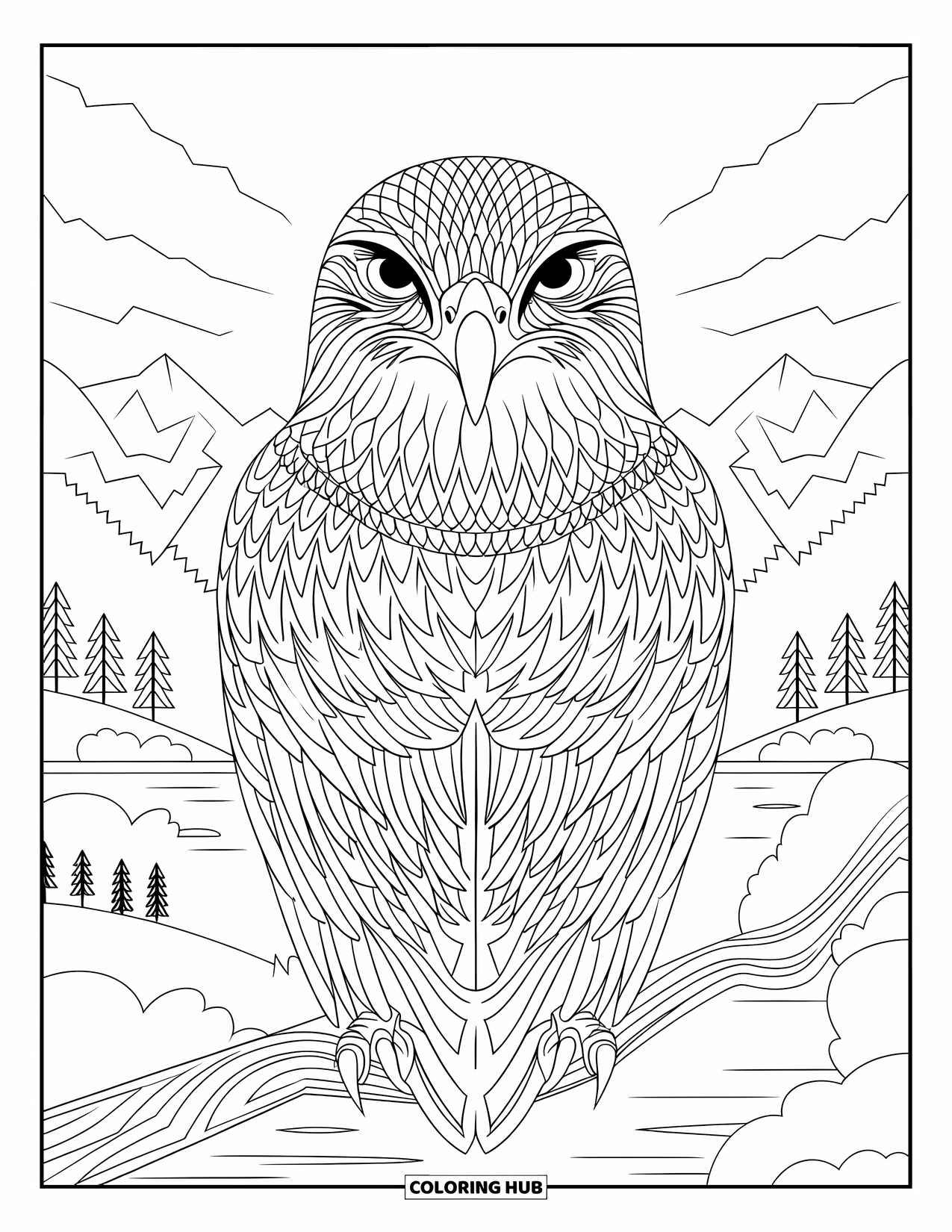 Hawk Coloring Page for Adults: Close-up hawk with eyes closed sits peacefully among patterned feathers