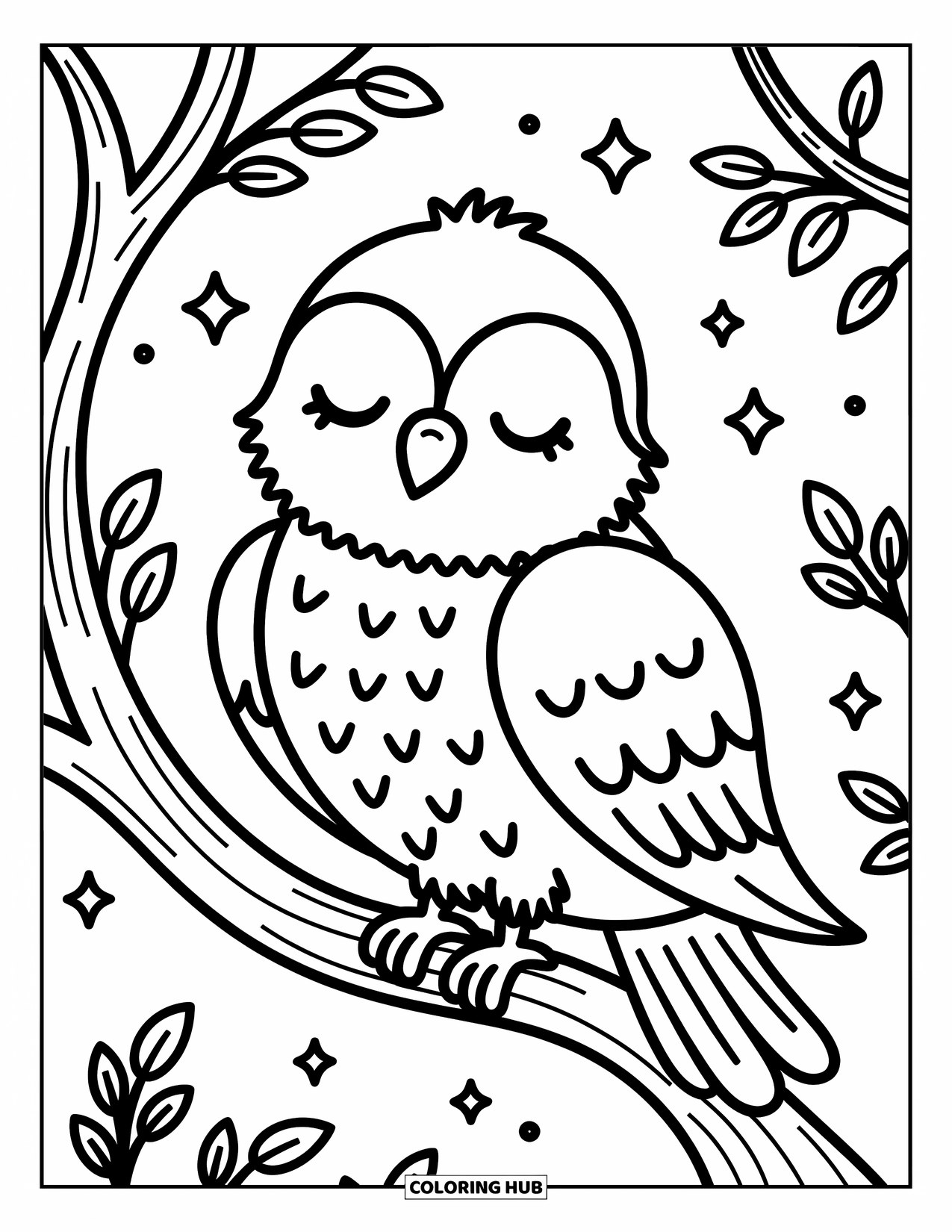 Hawk Coloring Page for Adults: Cute hawk with rounded wings rests peacefully among stars and tiny leaves