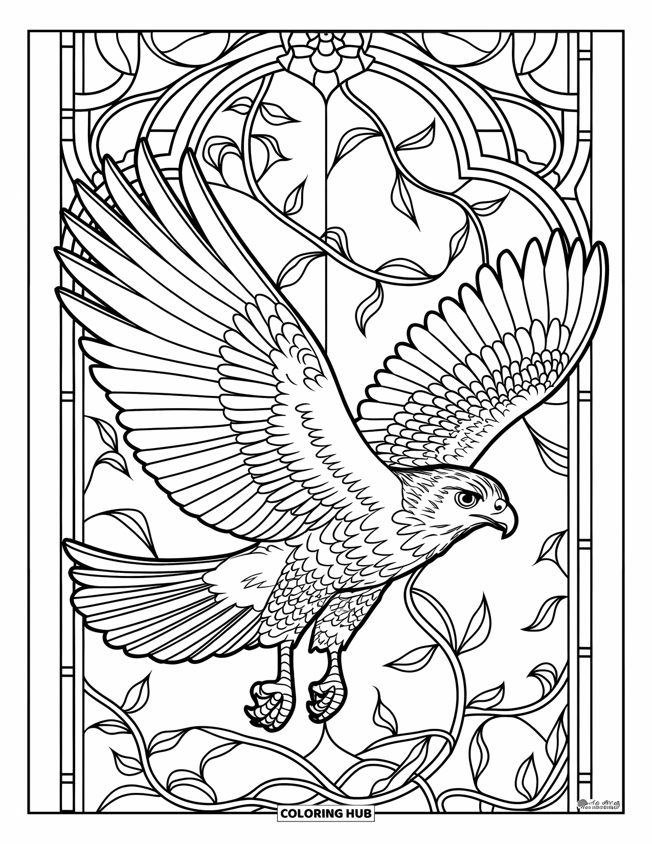 Hawk Coloring Page for Adults: Flying hawk glides past vines and stained glass flower patterns