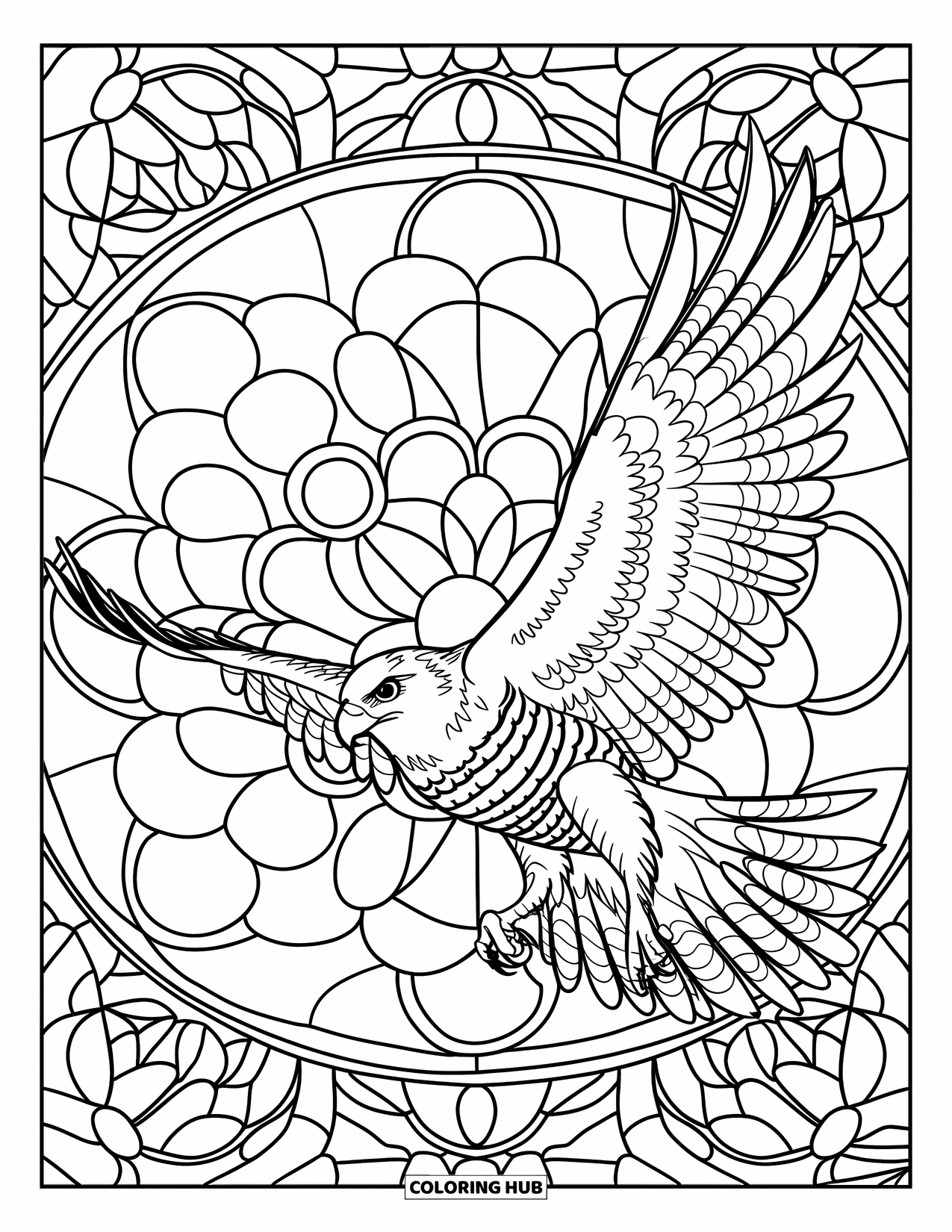 Hawk Coloring Page for Adults: Flying hawk spreads wings over stained glass florals and shapes