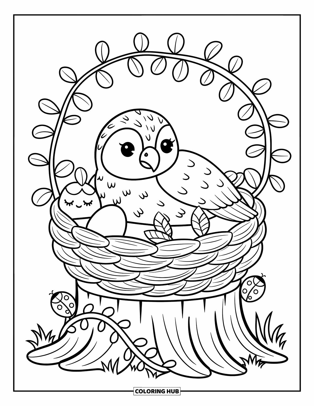 Hawk Coloring Page for Adults: Hawk cuddles in a nest with flowers, an egg, and playful ivy