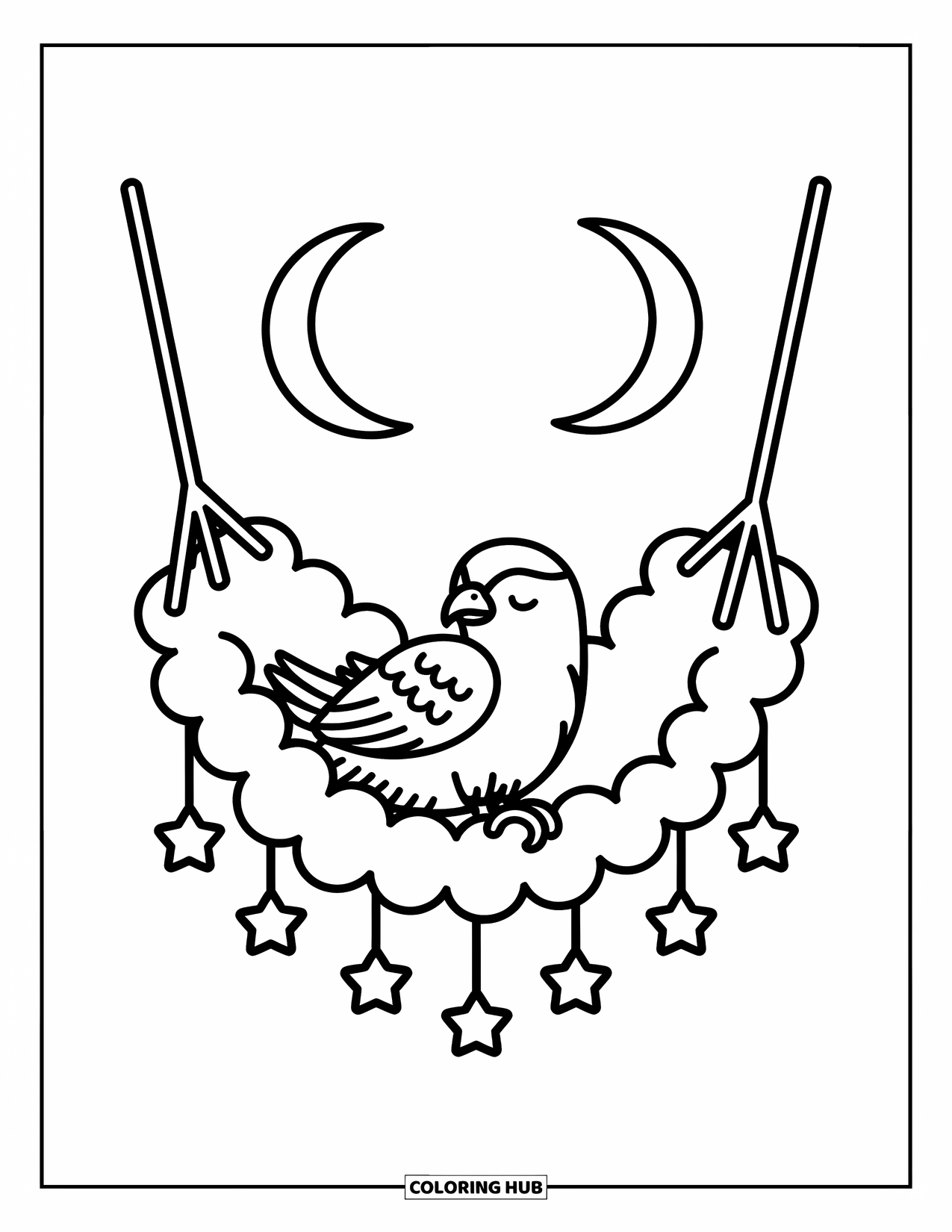 Hawk Coloring Page for Adults: Hawk naps in a cloud hammock between two crescent moons and stars