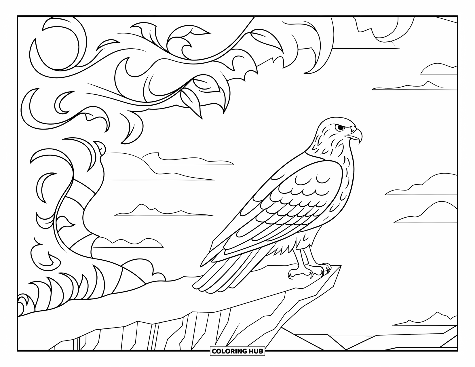 Hawk Coloring Page for Adults: Hawk perched on a rocky ledge with feathers swirling around