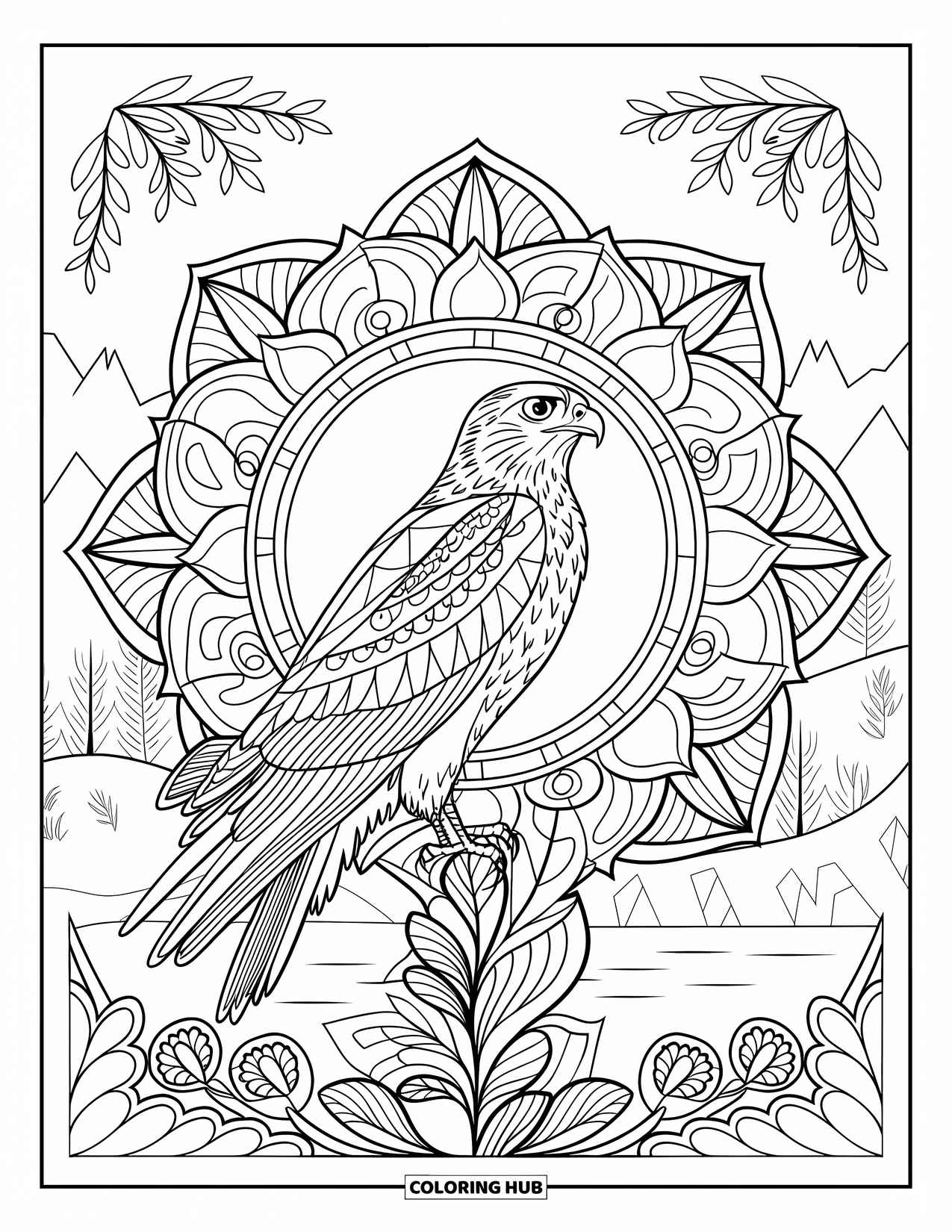 Hawk Coloring Page for Adults: Hawk rests inside a mandala of flowers, vines, and leaves