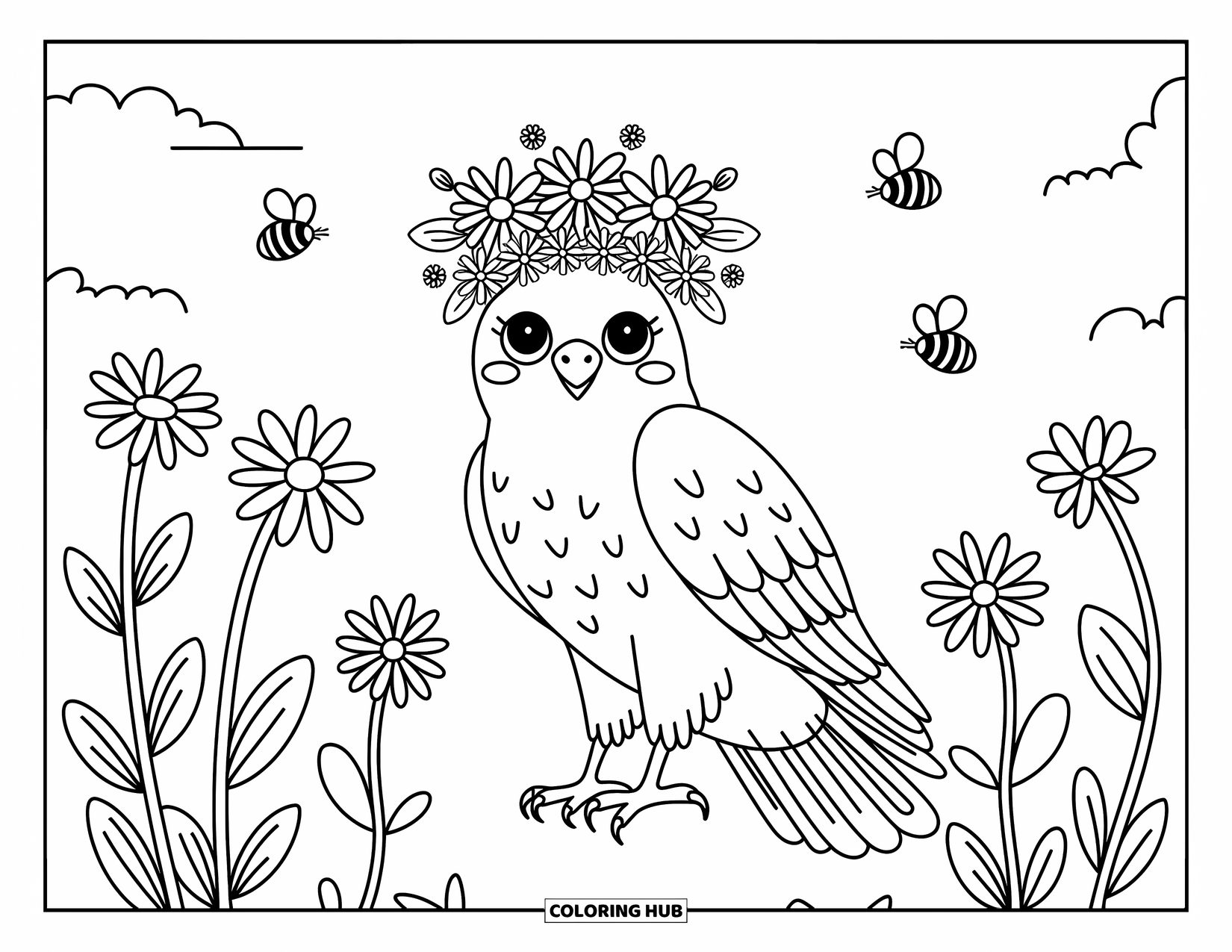 Hawk Coloring Page for Adults: Hawk with a flower crown rests in a sunny field with butterflies