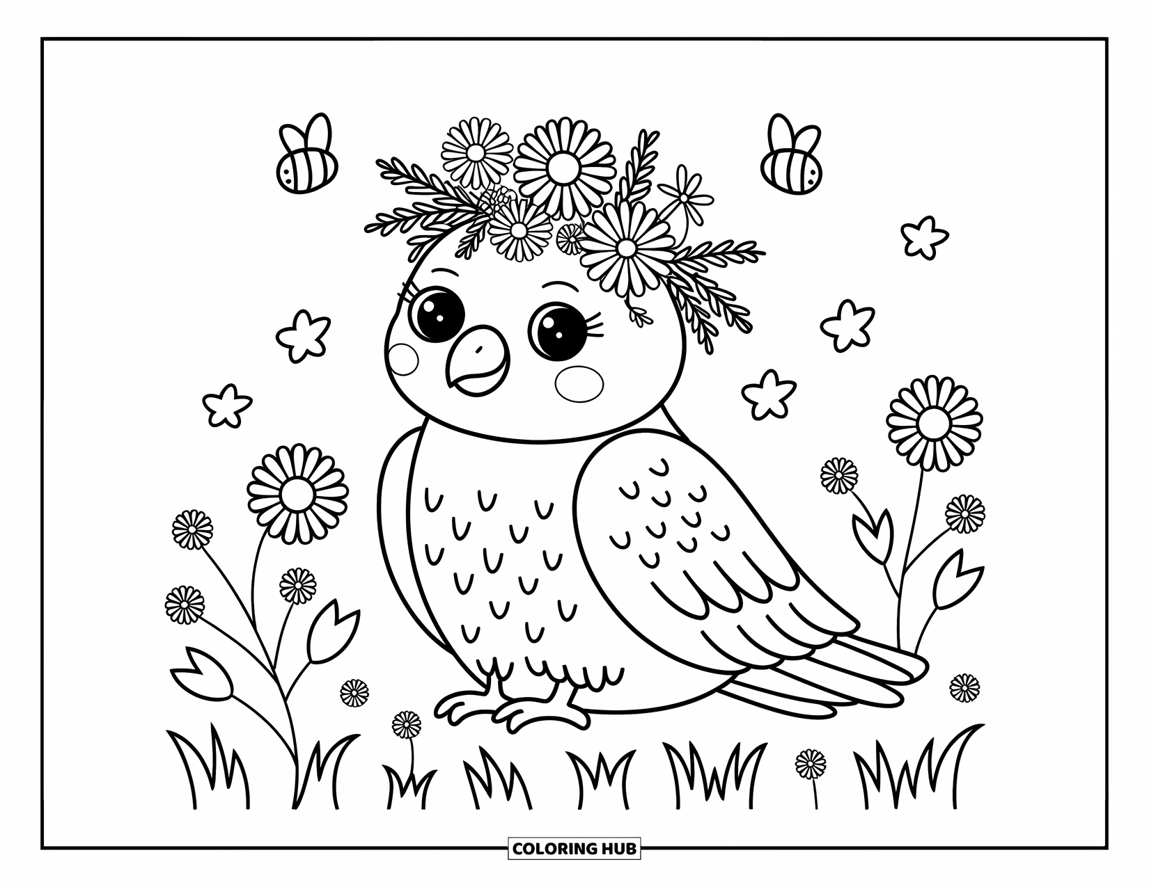 Hawk Coloring Page for Adults: Hawk with wildflowers on its head smiles in a bright, cheerful meadow