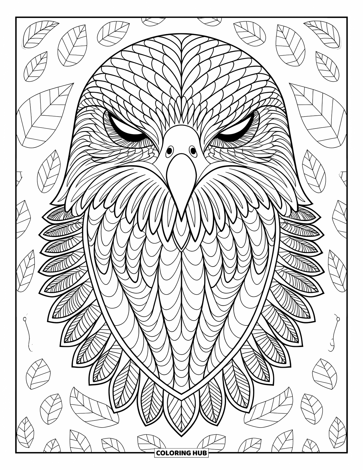 Hawk Coloring Page for Adults: Hawk's head framed by leaves and swirling feather details