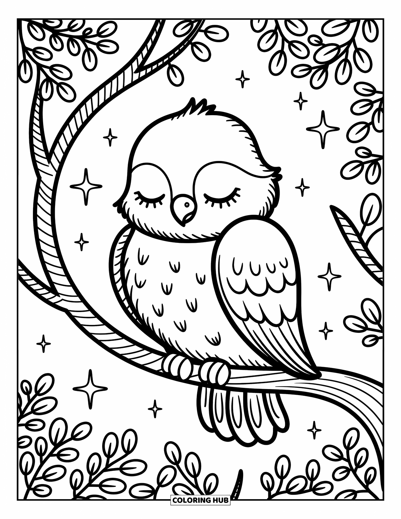 Hawk Coloring Page for Adults: Peaceful hawk naps on a branch with soft feathers and twinkling stars