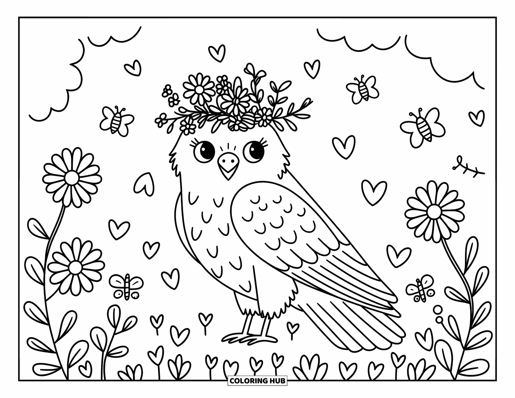 Hawk Coloring Page for Adults: Smiling hawk in a meadow wears a daisy crown with bees and petals