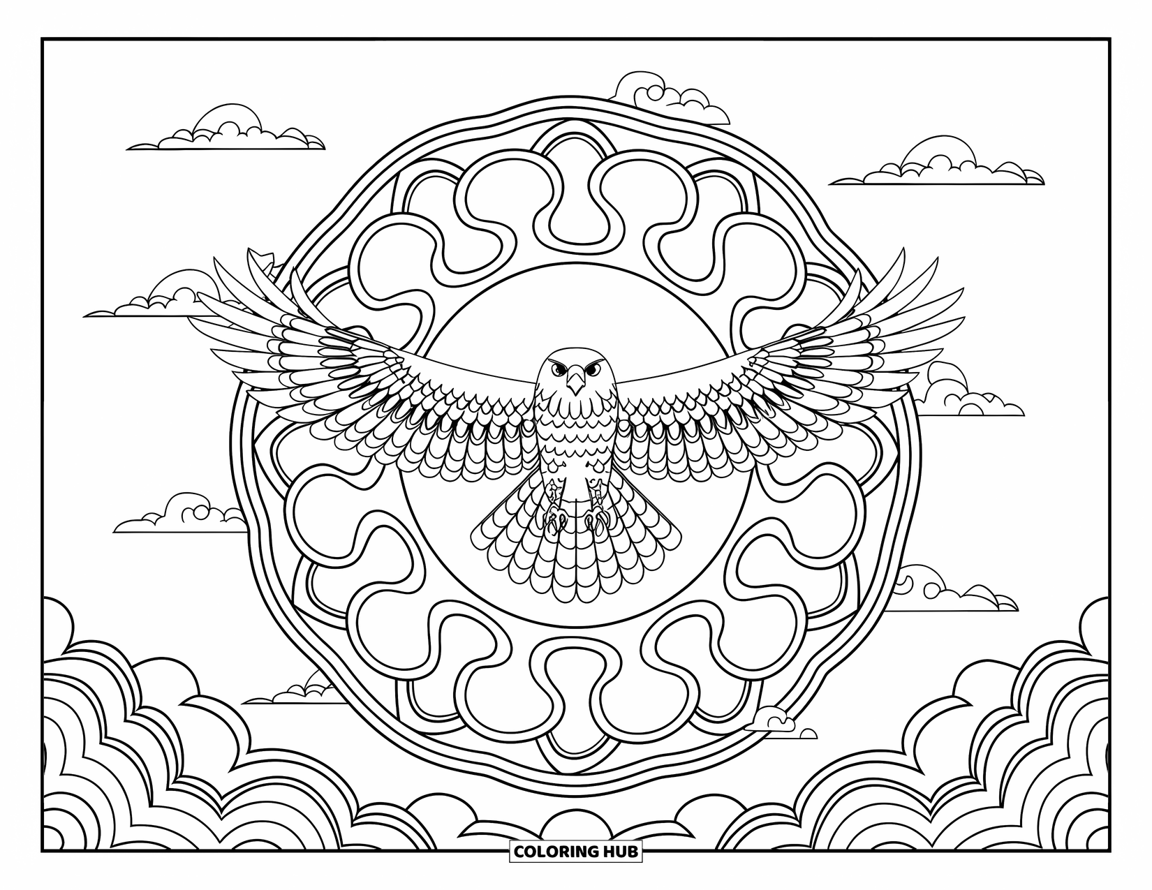 Hawk Coloring Page for Adults: Soaring hawk flies across a swirling cloud and wind mandala