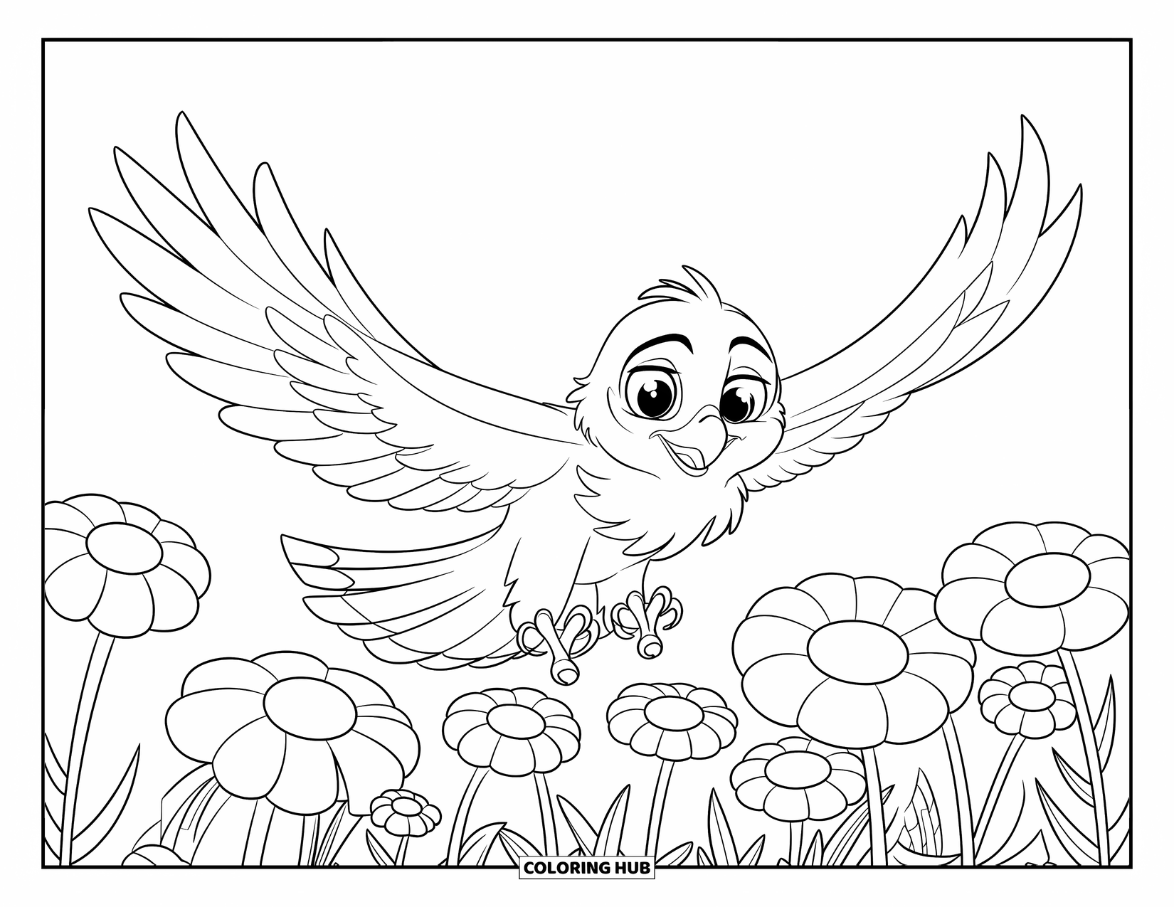Hawk Coloring Page for Kids: Adorable hawk with fluffy feathers soars over a bright flower field