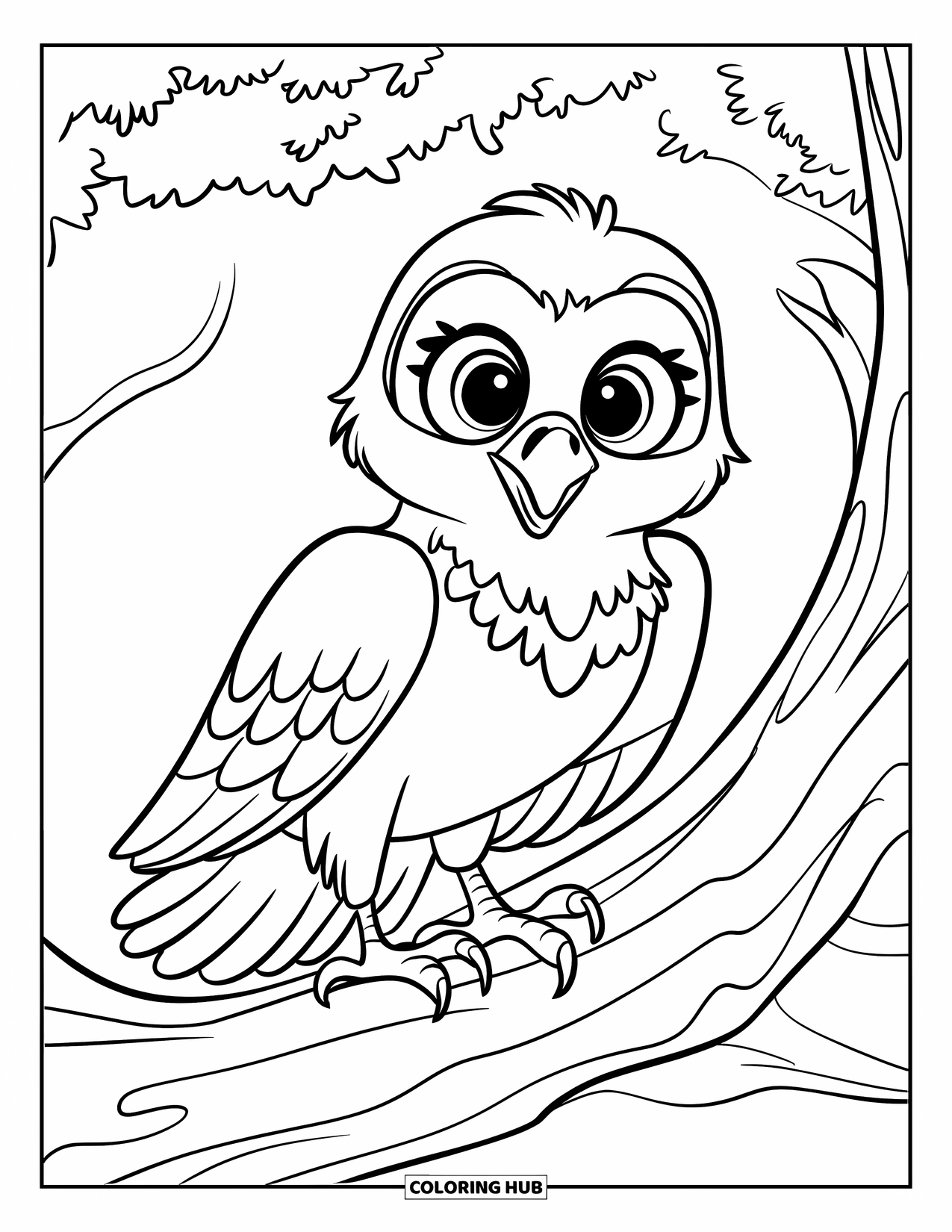 Hawk Coloring Page for Kids: Cheerful hawk with bold outlines stands on a branch, ready to play
