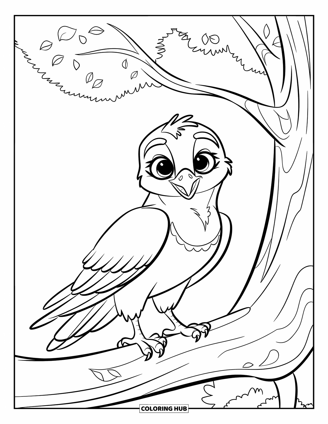 Hawk Coloring Page for Kids: Cute hawk with big eyes stands happily on a tree branch