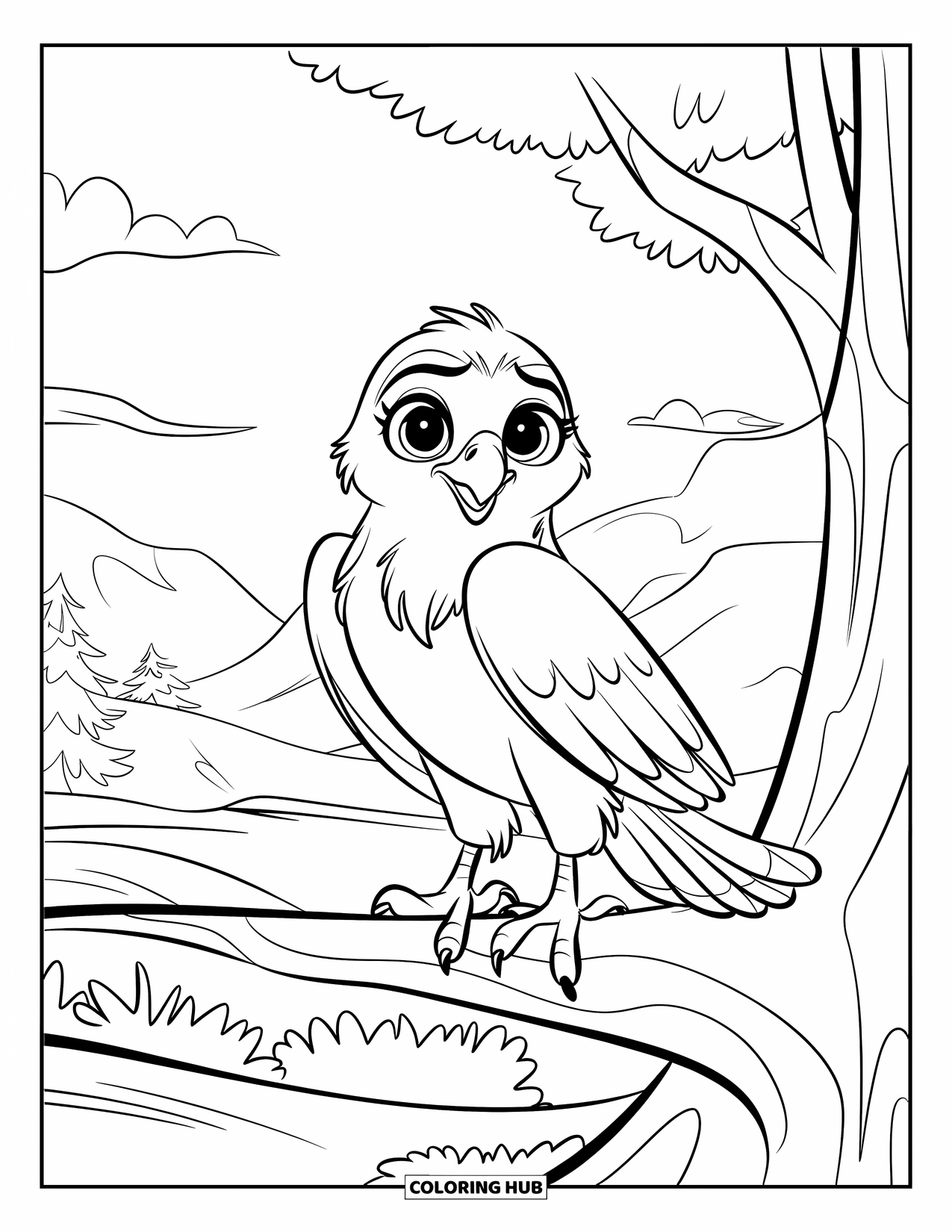 Hawk Coloring Page for Kids: Happy hawk with big eyes and wide wings stands on a branch with a view
