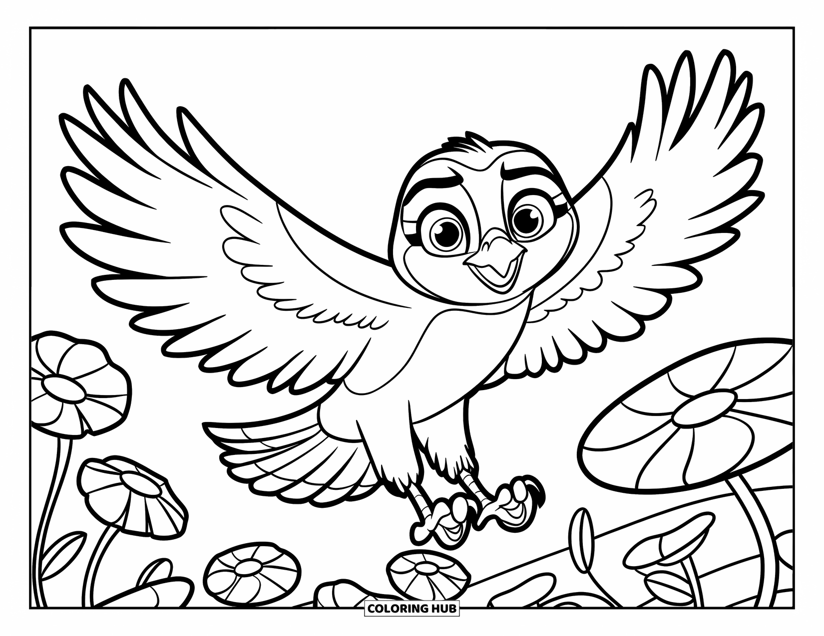 Hawk Coloring Page for Kids: Happy hawk with wide eyes flies over simple, cheerful flowers