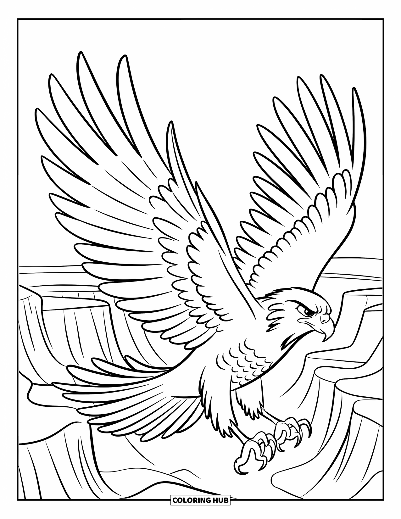Hawk Coloring Page for Kids: Hawk flies above a canyon with bold wings and a windy pose