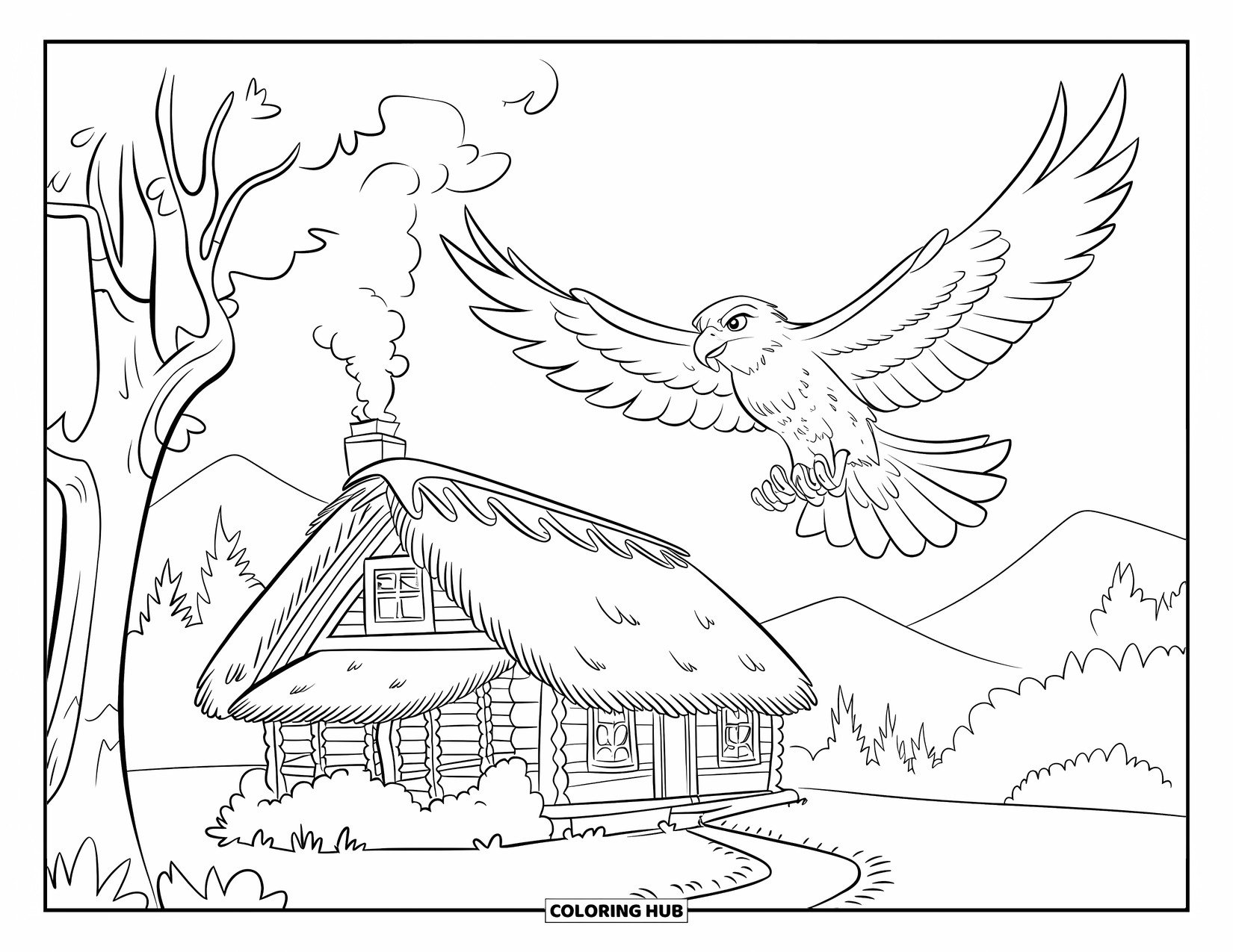 Hawk Coloring Page for Kids: Hawk flying past a forest cabin with smoke curling from the chimney