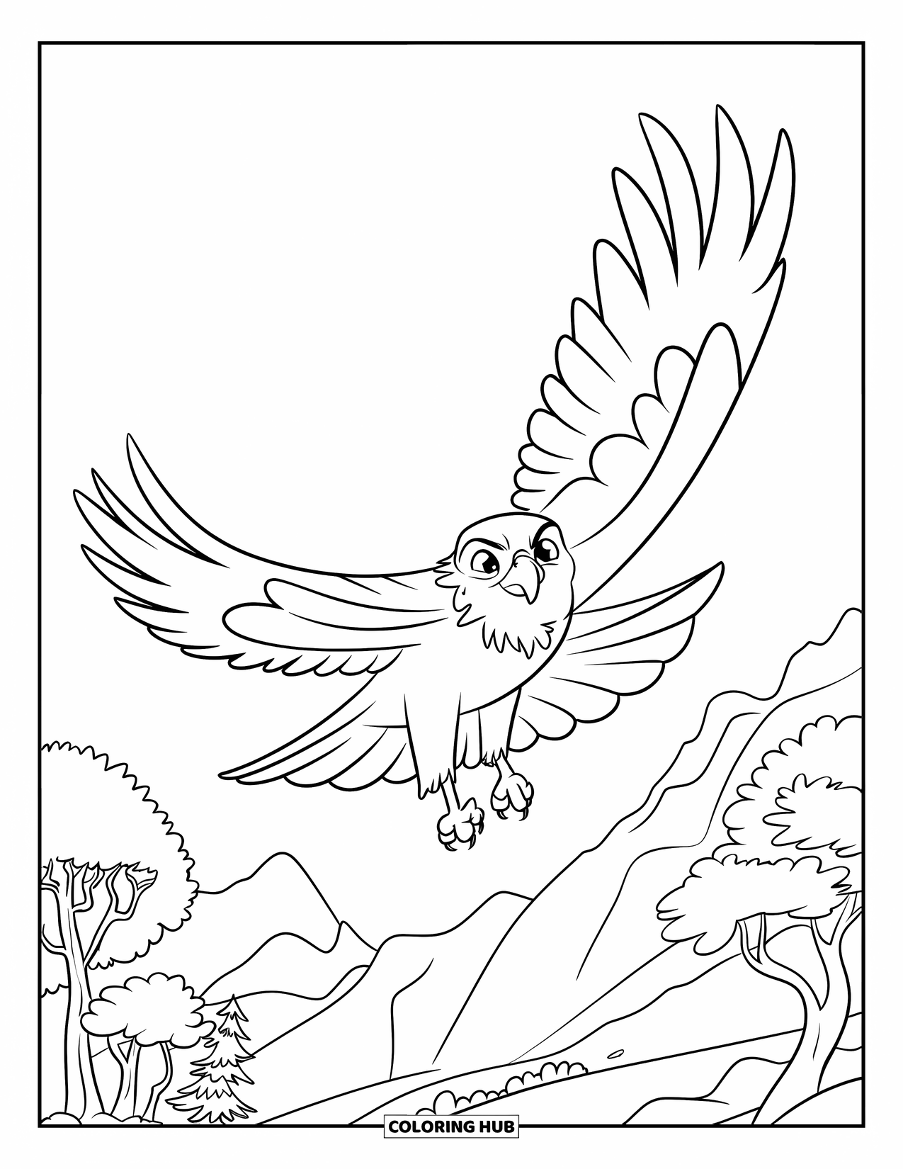 Hawk Coloring Page for Kids: Hawk flying with open eyes above trees, rocky peaks, and clear sky