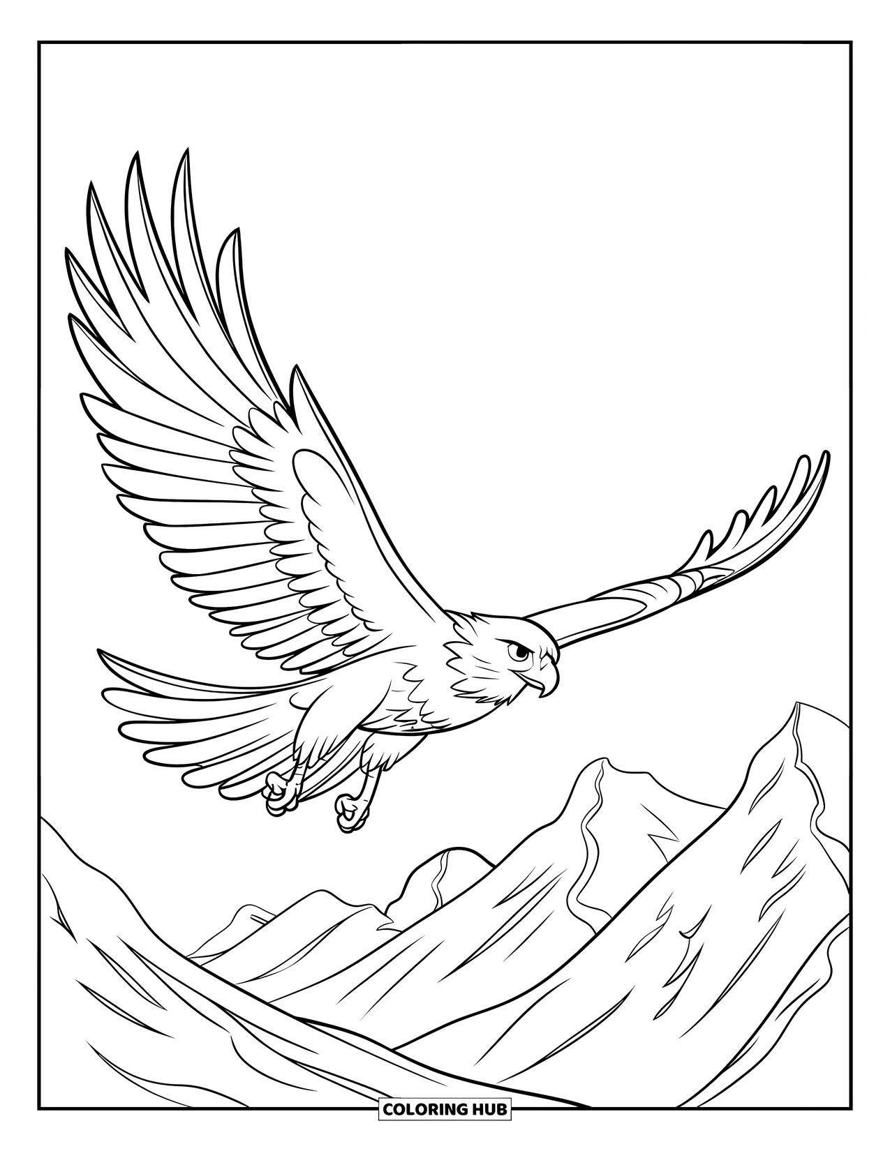 Hawk Coloring Page for Kids: Hawk gliding across a mountain valley with wings fully spread