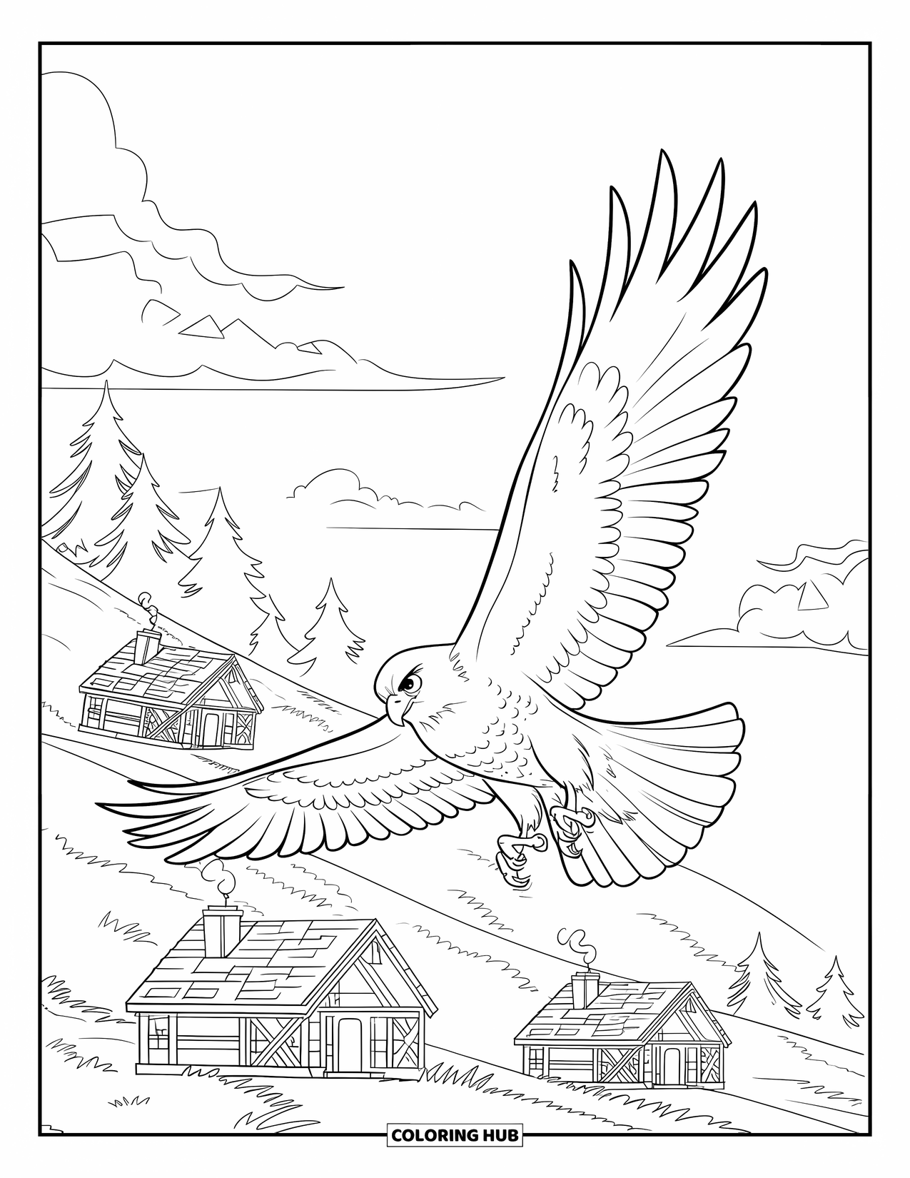 Hawk Coloring Page for Kids: Hawk gliding over grassy hills with smoke rising from cabin chimneys
